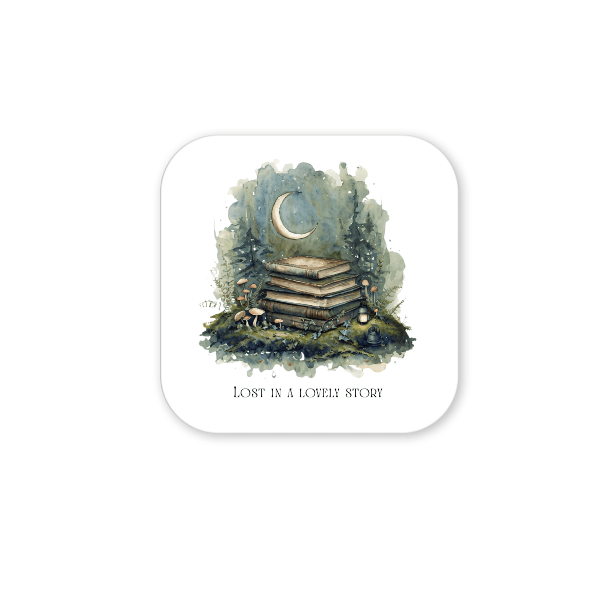 A stack of books rests in a forest clearing illuminated by a crescent moon, encircled by trees, mushrooms, and a gentle lantern glow. The text beneath says, "LOST IN A LOVELY STORY." The Lost in a Lovely Story Book Lover Magnet by Mirabilia Boutique is a handcrafted piece that makes a delightful literary gift for any book enthusiast.