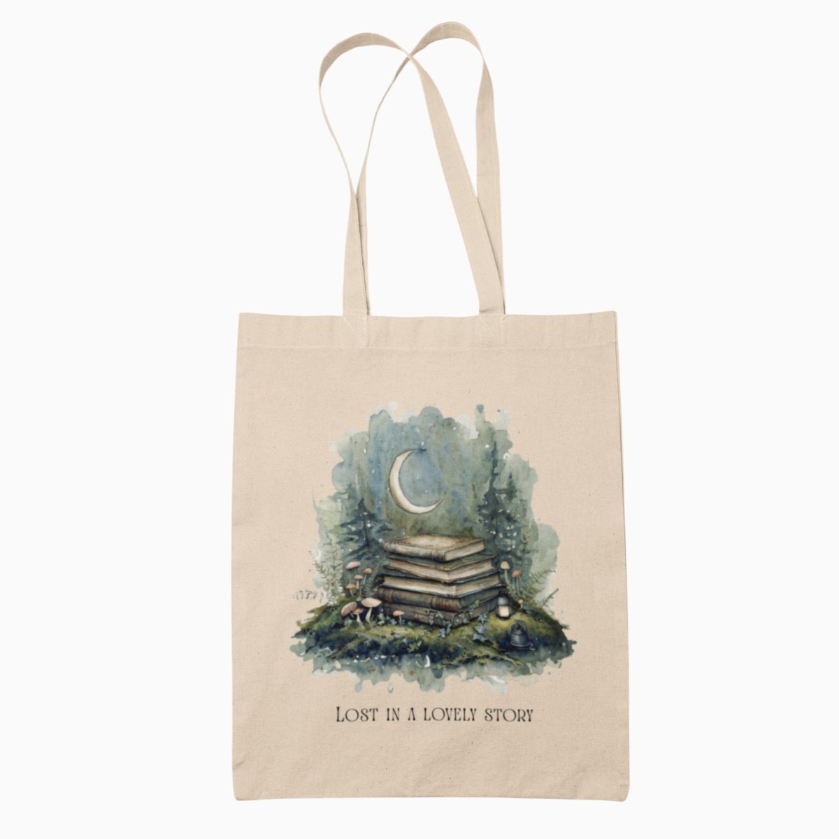 The Mirabilia Boutique “Lost in a Lovely Story” Canvas Tote Bag features a beige canvas adorned with an illustration of books stacked beneath a crescent moon, surrounded by whimsical trees and mushrooms. Perfect for book lovers, the tote displays the phrase “LOST IN A LOVELY STORY” below the design.