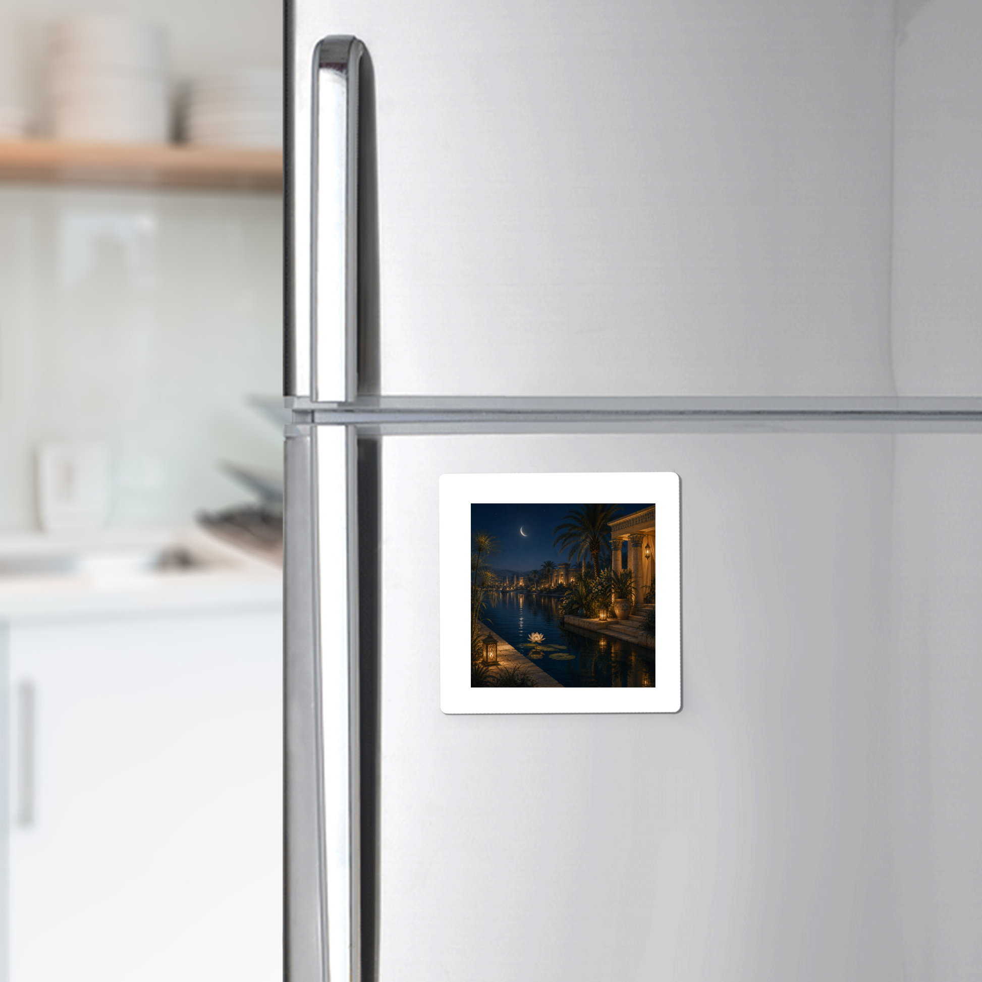 A silver refrigerator adorned with the “Lotus After Dark Magnet | Ancient Egyptian Art” by Mirabilia Boutique—a small square magnet depicting an enchanting nighttime waterfront scene with palm trees and a crescent moon, evocative of the serene Nile river. In the soft-focus background, a white kitchen shelf with dishes adds to the ambiance.