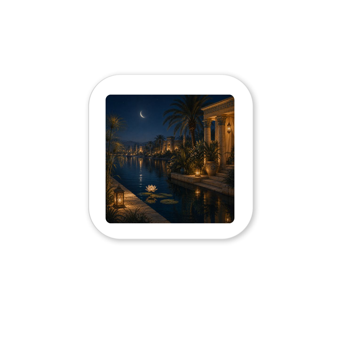 A peaceful nightscape features a crescent moon above the tranquil Nile, flanked by palm trees and an ancient-inspired building gently illuminated by lanterns, with a blooming water lily evoking the “Lotus After Dark Magnet | Ancient Egyptian Art” from Mirabilia Boutique.