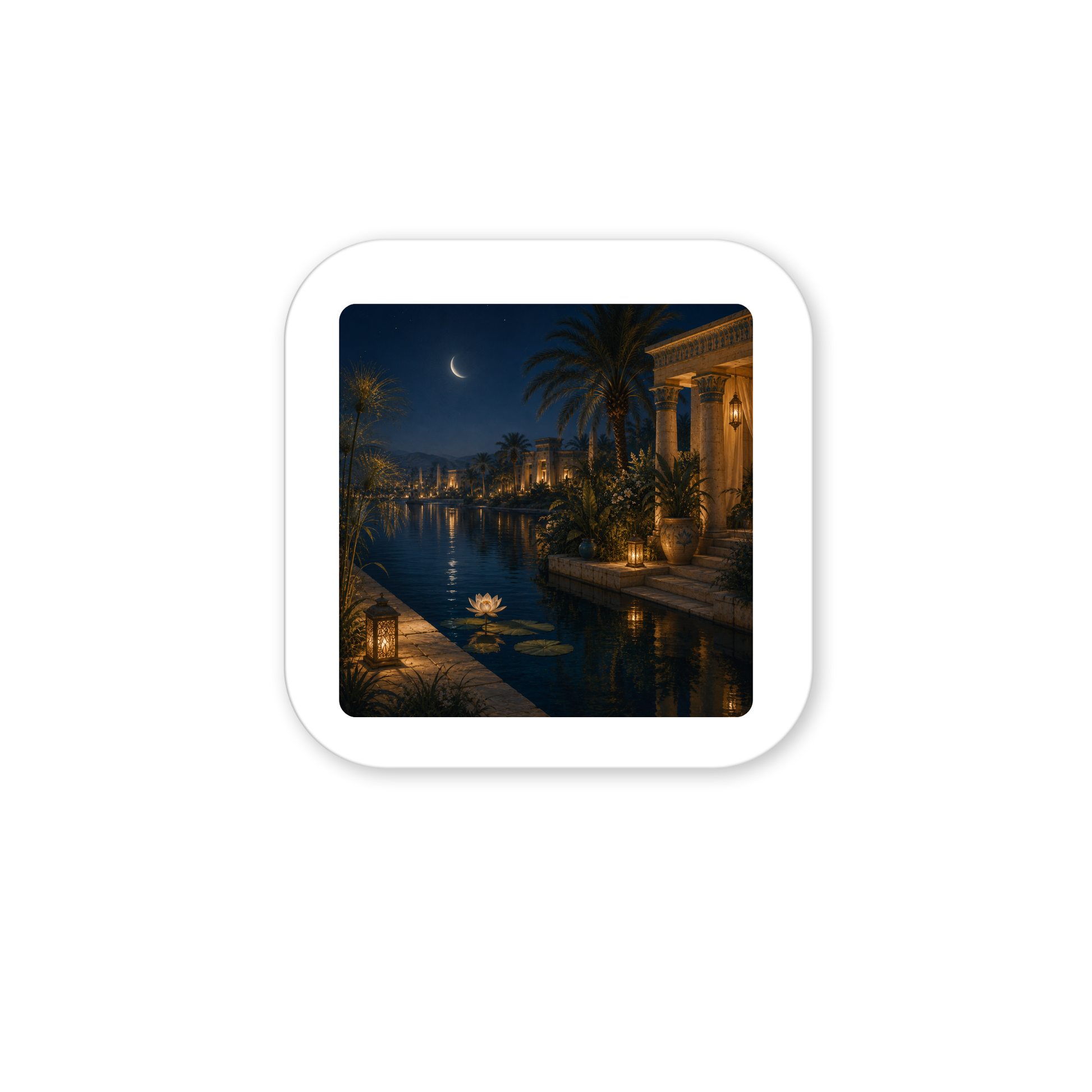 A peaceful nightscape features a crescent moon above the tranquil Nile, flanked by palm trees and an ancient-inspired building gently illuminated by lanterns, with a blooming water lily evoking the “Lotus After Dark Magnet | Ancient Egyptian Art” from Mirabilia Boutique.