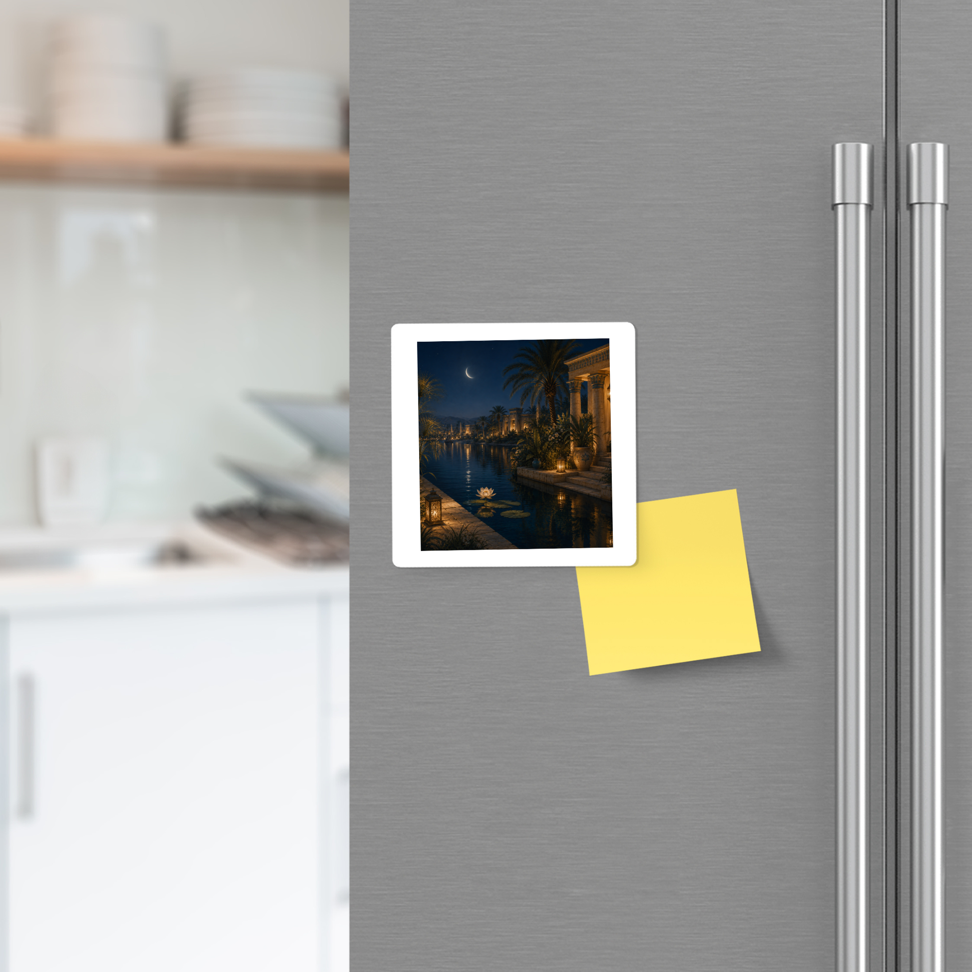 A refrigerator door displays a square “Lotus After Dark Magnet | Ancient Egyptian Art” by Mirabilia Boutique, featuring a nighttime waterfront scene evocative of the Nile, alongside a blank yellow sticky note. The tidy kitchen background includes shelves with plates and other decorations, with the Egyptian-themed magnet standing out among them.