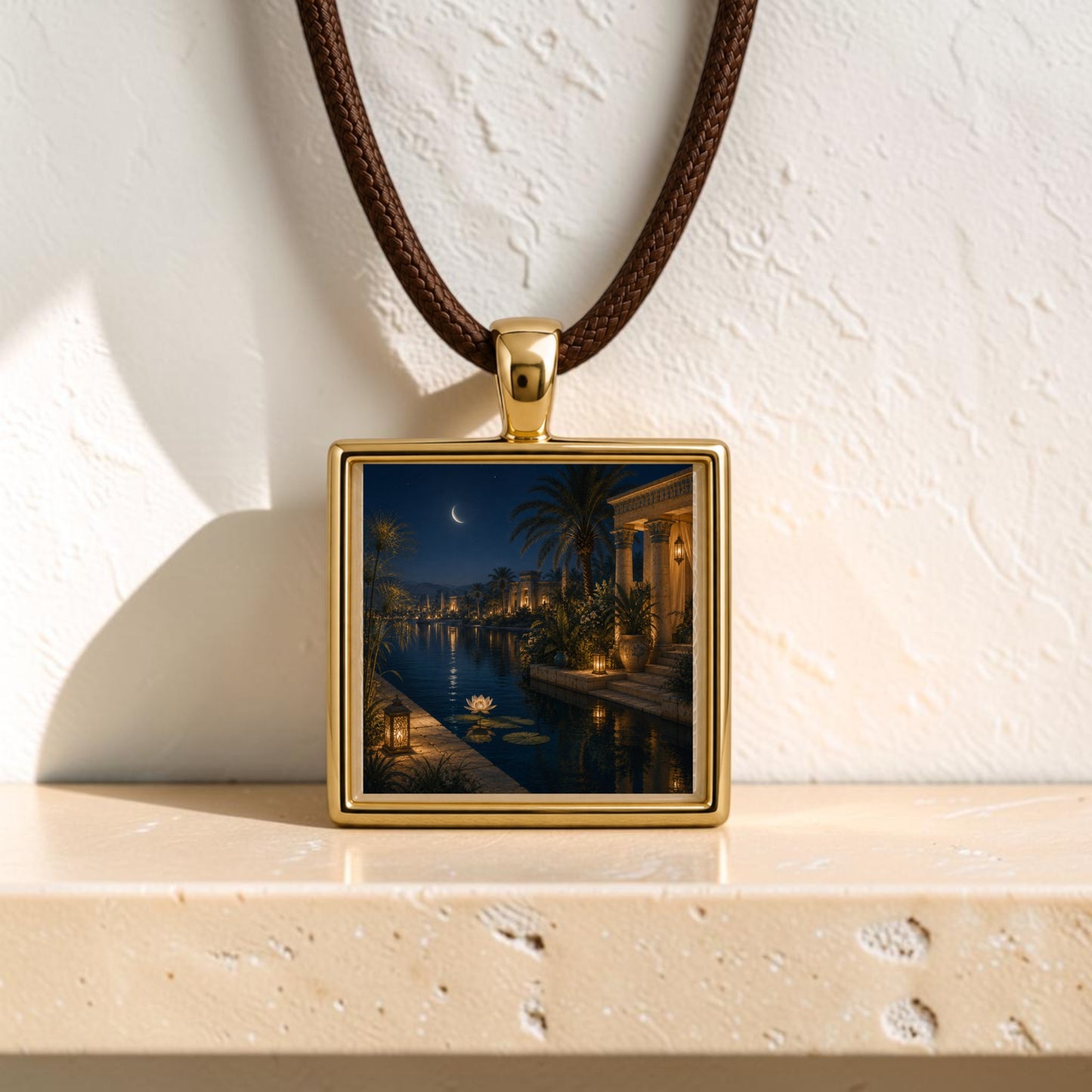 The Lotus After Dark | Scene Pendant Necklace by Mirabilia Boutique features a gold-framed lotus pendant on a brown cord, showcasing exquisite miniature artwork of a moonlit river scene with palm trees, water lilies, and illuminated buildings—a unique piece of wearable art that rests elegantly on a light textured shelf.