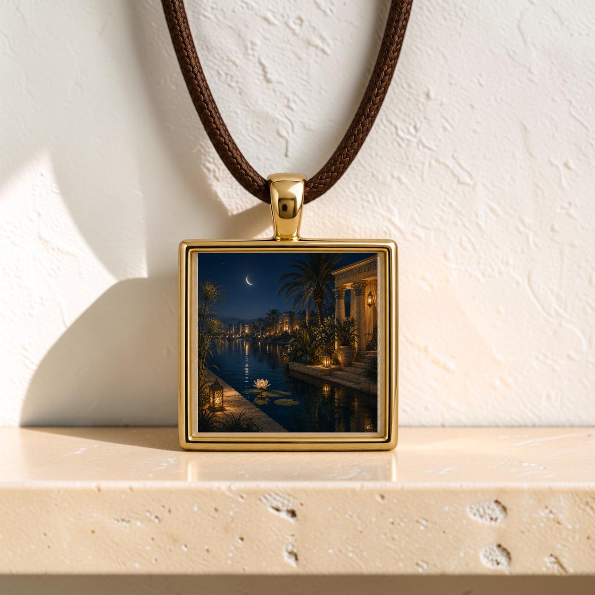 The Lotus After Dark | Scene Pendant Necklace by Mirabilia Boutique features a gold-framed lotus pendant on a brown cord, showcasing exquisite miniature artwork of a moonlit river scene with palm trees, water lilies, and illuminated buildings—a unique piece of wearable art that rests elegantly on a light textured shelf.