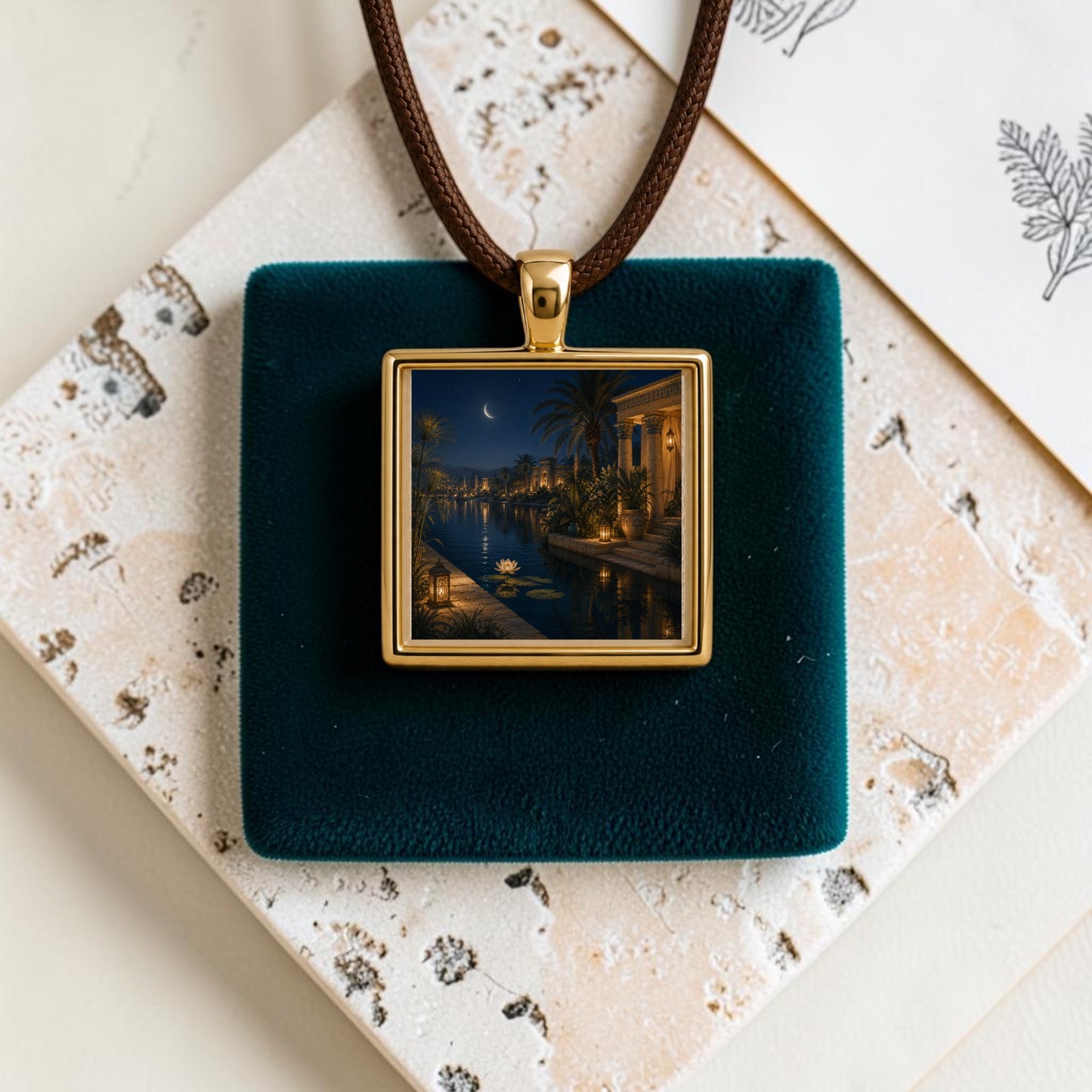 The Lotus After Dark | Scene Pendant Necklace by Mirabilia Boutique features a square gold pendant on a brown cord, intricately depicting a night scene with palm trees and water. Displayed on a teal velvet holder with a textured background, this stunning piece captures the charm of wearable art and the allure of miniature artwork in necklace form.