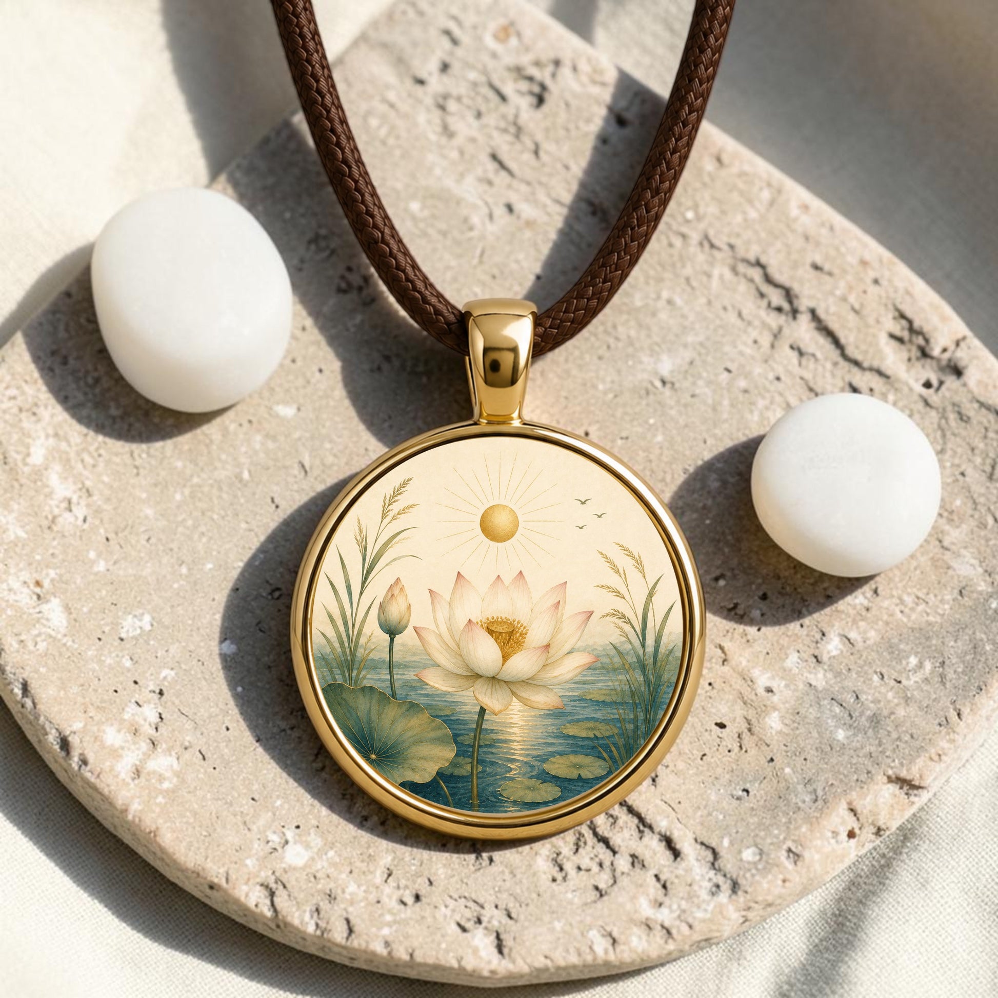 Showcasing “Becoming | Story Pendant Necklace” by Mirabilia Boutique, this gold lotus pendant necklace features a delicate lotus flower design. The botanical jewelry piece is displayed resting on a textured stone next to two smooth white pebbles, all set against a soft fabric background.