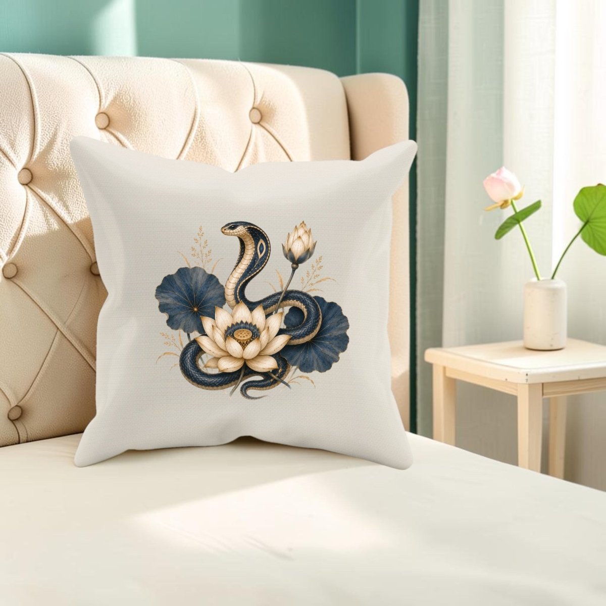 A Lotus Guardian Cobra Pillow | Ancient Egyptian Art by Mirabilia Boutique, featuring a coiled cobra amid lotus flowers and leaves, adds a touch of subtle ancient Egyptian decor to a softly lit bedroom. The white pillow rests on a beige tufted bed, while a small table with a vase and flower stands beside it, completing the serene scene.