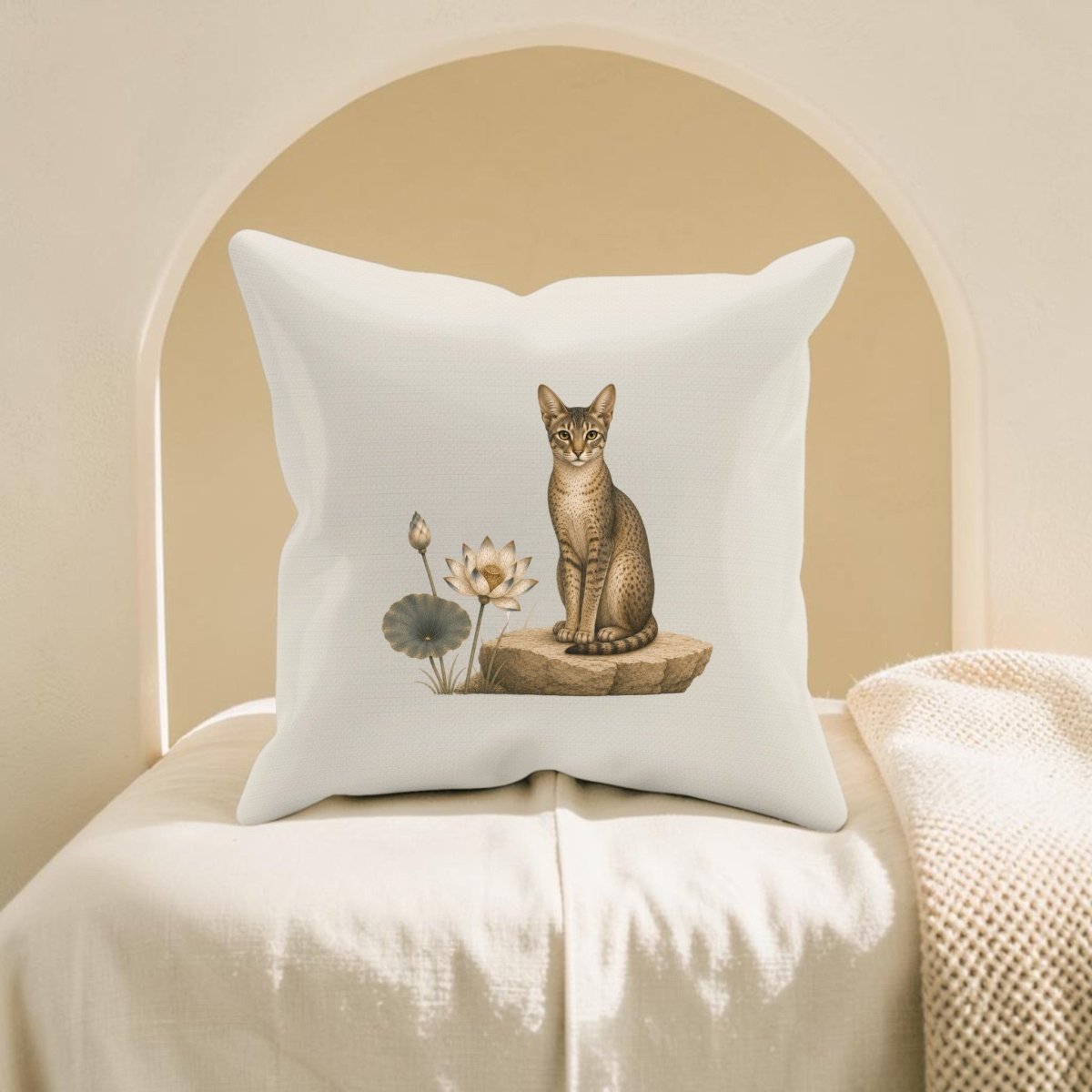 The Lotus Guardian Egyptian Cat Decorative Pillow by Mirabilia Boutique showcases a brown cat sitting gracefully beside a lotus flower on a square white pillow. Set against soft beige tones with an elegant arched background, this 16x16 decorative accent brings charming, neutral style to any space.