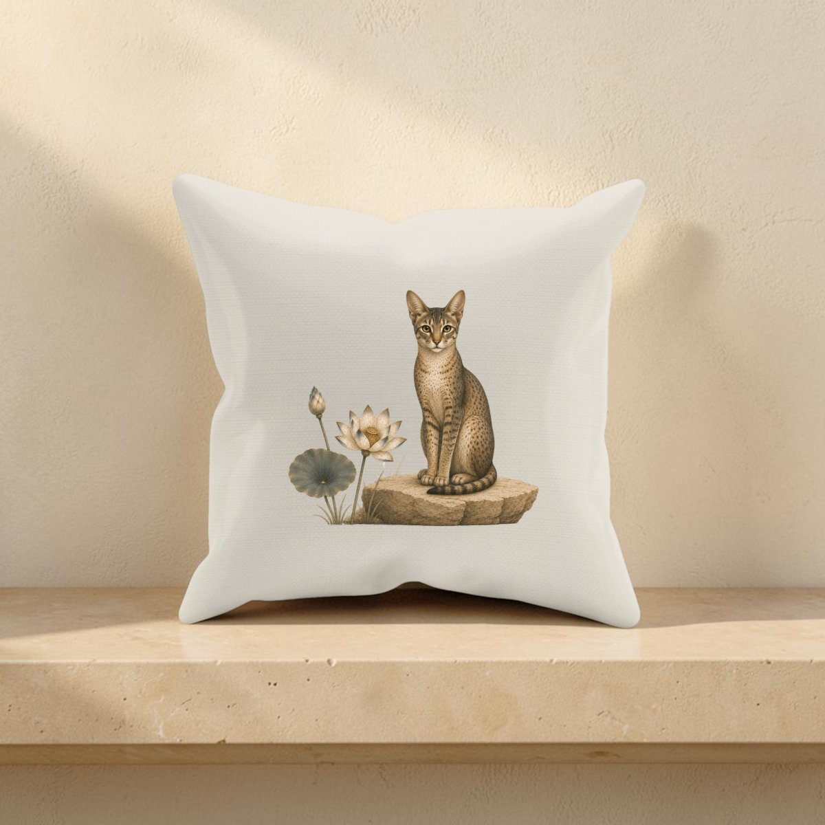 The Lotus Guardian Egyptian Cat Decorative Pillow (16x16) by Mirabilia Boutique is displayed on a beige shelf, showcasing an illustration of a brown cat perched on a rock next to a lotus blossom and green leaves.