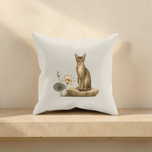 The Lotus Guardian Egyptian Cat Decorative Pillow (16x16) by Mirabilia Boutique is displayed on a beige shelf, showcasing an illustration of a brown cat perched on a rock next to a lotus blossom and green leaves.