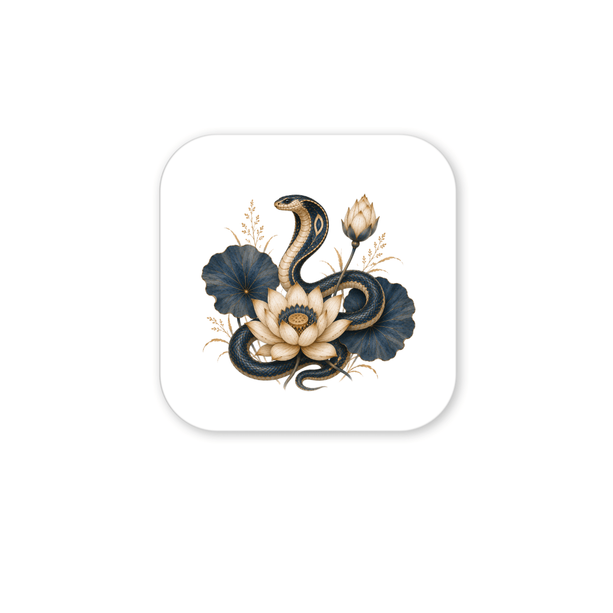 Inspired by Egyptian décor and the elegant symbolism of lapis and lotus motifs, the Lotus Guardian Cobra Magnet from Mirabilia Boutique features a coiled black cobra with gold accents emerging from a cream lotus bloom, surrounded by blue leaves and a budding lotus—all set on a white, rounded square background for a striking artistic statement.
