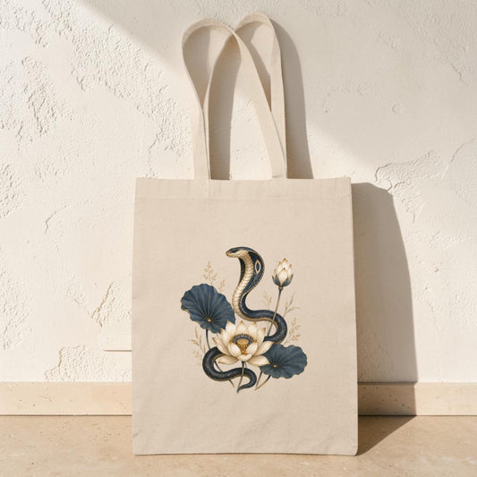 Elevate your everyday style with the Lotus Guardian Cobra Tote Bag from Mirabilia Boutique—this beige tote features ancient Egyptian art of a black cobra surrounded by white and blue flowers, creating an elegant and exotic accessory.
