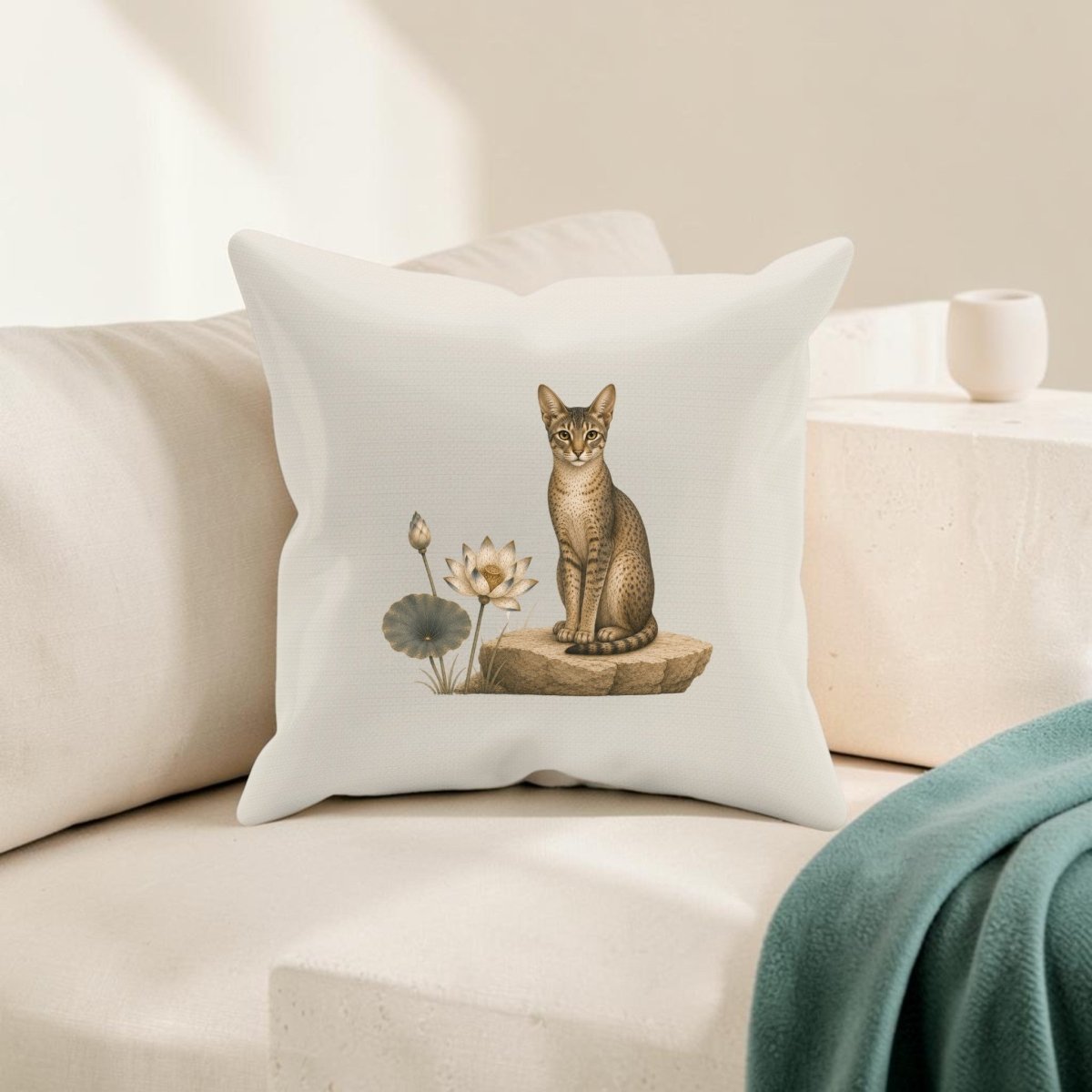 A Lotus Guardian Egyptian Cat Decorative Pillow by Mirabilia Boutique, in a crisp white 16x16 design showcasing a brown cat beside a lotus flower, rests on a beige couch. A folded teal blanket nearby enhances the serene, inviting atmosphere.