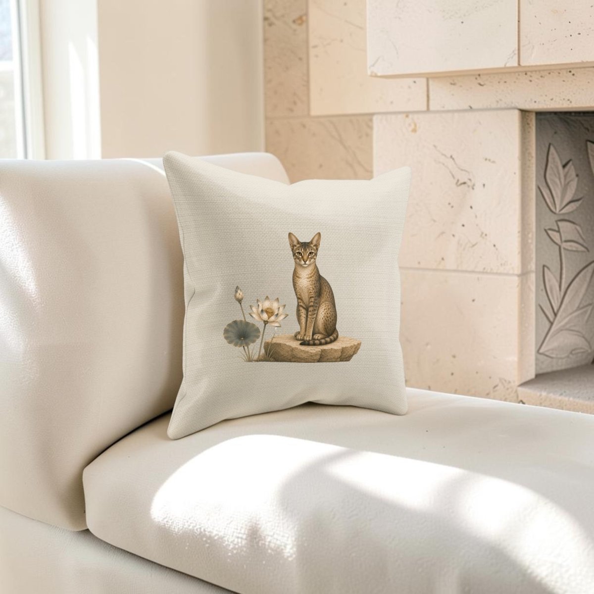 The Lotus Guardian Egyptian Cat Decorative Pillow by Mirabilia Boutique, featuring a white design with an illustrated Egyptian cat beside lotus blossoms, rests on a white sofa in a bright, modern living room accented with stone details.