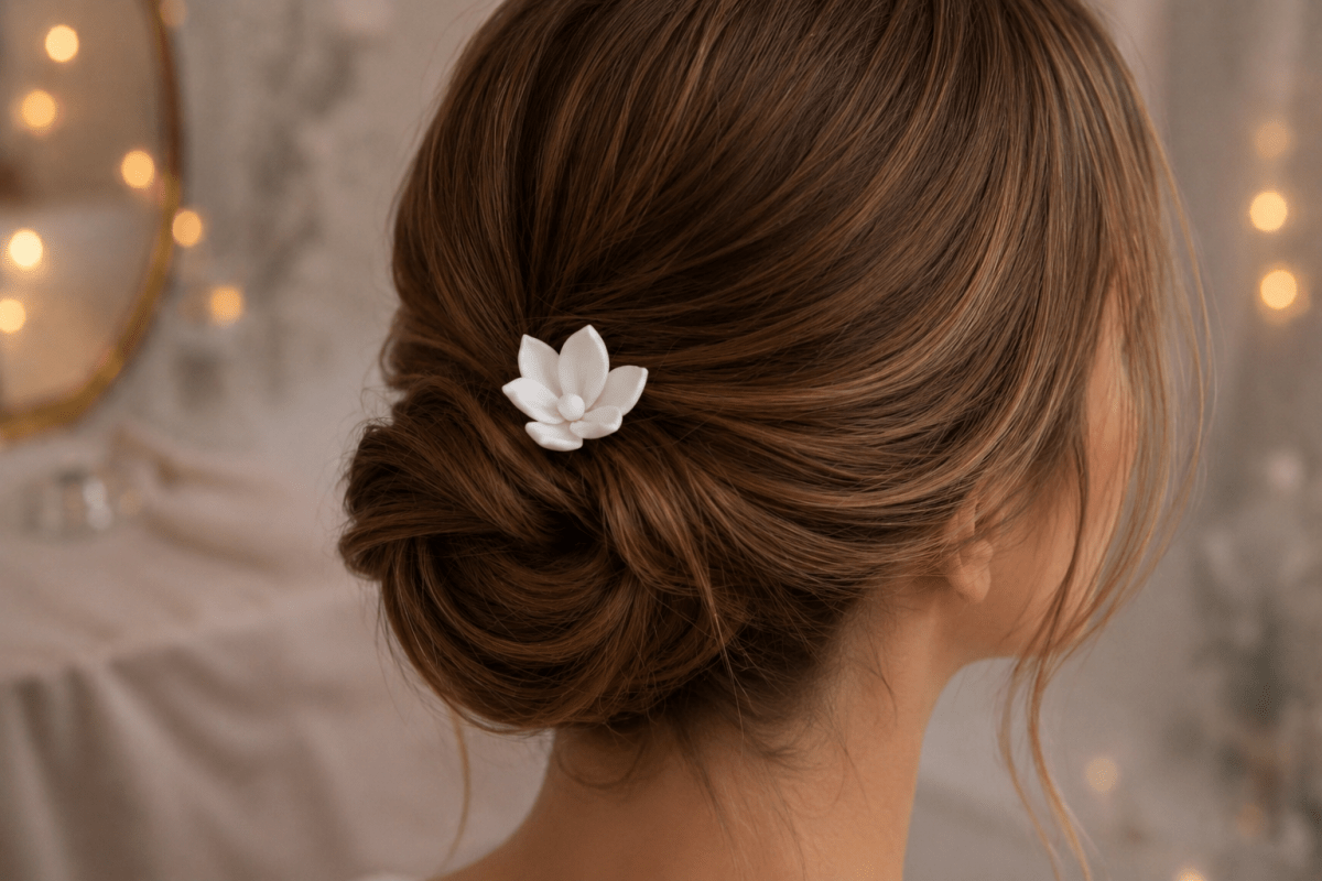 A woman with brown hair in a low, loose bun wears the Matte Cotton White Lotus Hair Fork by Mirabilia Boutique, shown from behind against a softly lit, blurred background with warm lights.
