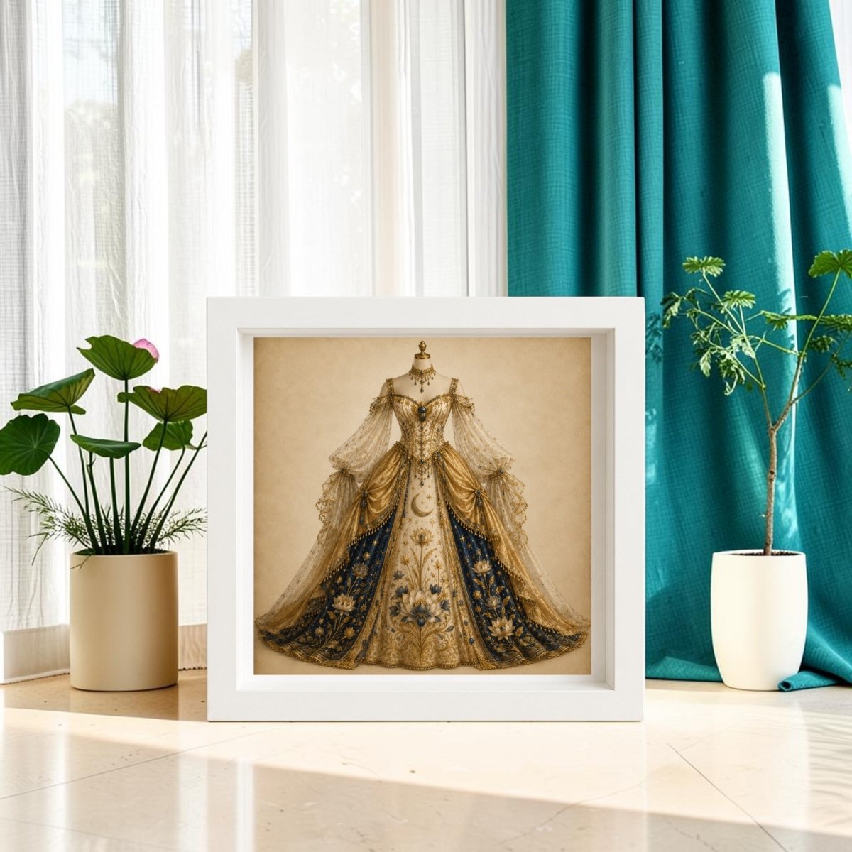 A framed picture of Lotus of the Heavens | Curated Couture Artwork by Mirabilia Boutique stands on the floor beside green potted plants, with sunlight streaming through sheer curtains and teal drapes in the background—an arrangement that evokes a sense of celestial artwork displayed in a tranquil, sunlit haven.