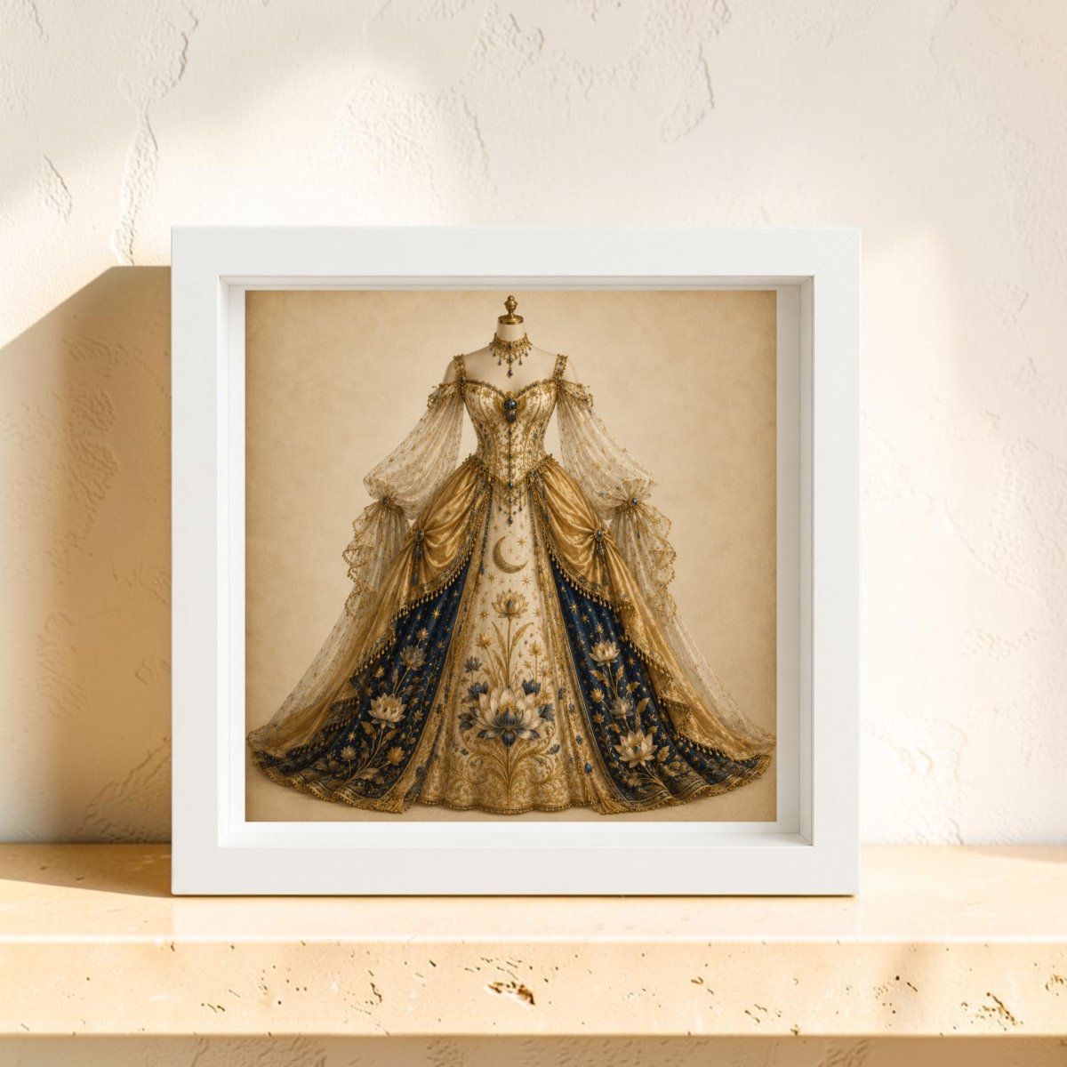 The “Lotus of the Heavens | Curated Couture Artwork” by Mirabilia Boutique is a framed canvas featuring an ornate gold and navy blue ball gown with lace details and floral embroidery inspired by lotus blossoms, elegantly displayed on a mannequin against a beige background atop a light-colored shelf.