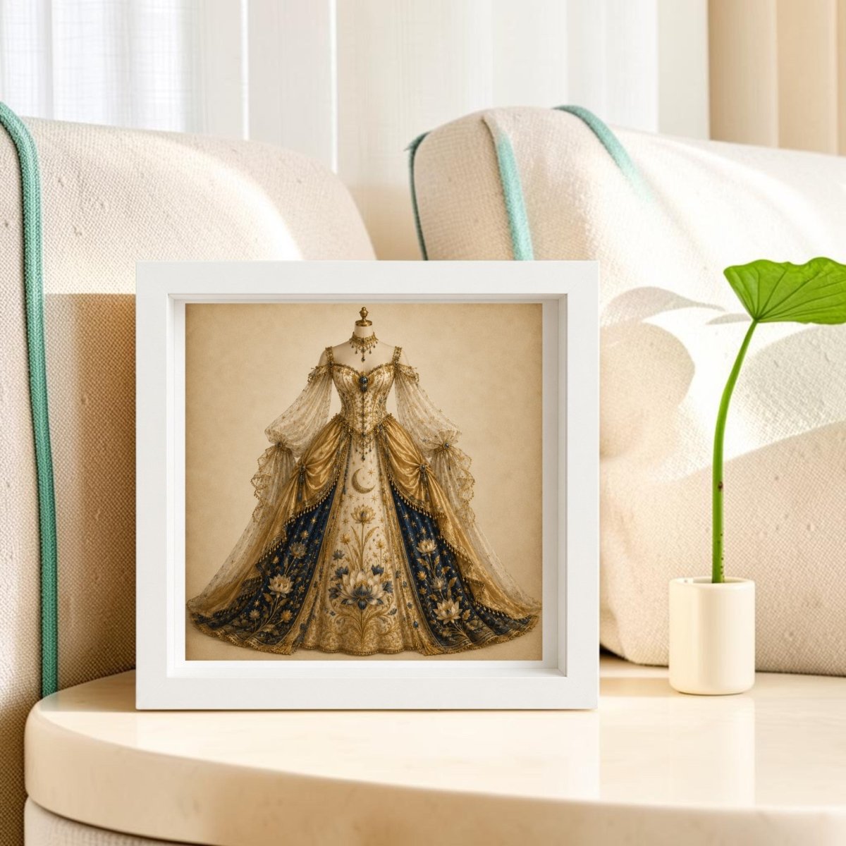 The framed “Lotus of the Heavens | Curated Couture Artwork” by Mirabilia Boutique, showcasing an ornate vintage-style gown with gold embroidery and blue accents, sits on a round table beside a potted plant and a cream-colored sofa, its intricate details evoking the elegance of celestial artwork.