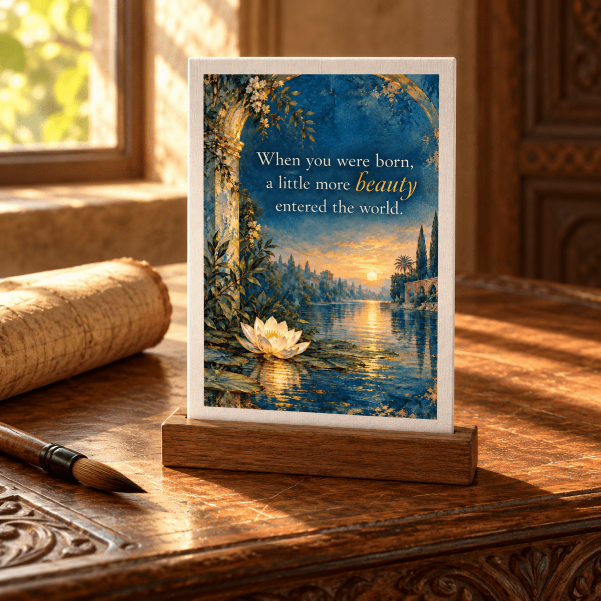 A Little More Beauty Friendship Mini Sign featuring a rectangular wooden stand with a sunset painting, a white lotus flower, and the text, “When you were born, a little more beauty entered the world.”