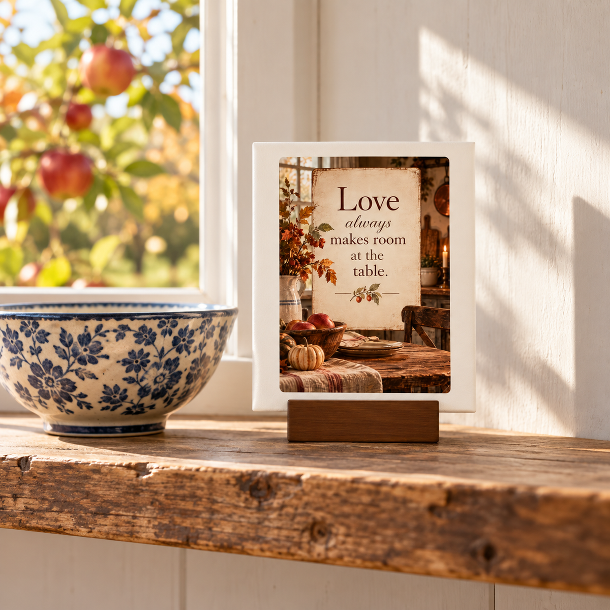 A Love Always Makes Room at the Table Mini Sign by Mirabilia Boutique sits on a wooden shelf beside a blue-and-white bowl, apples, and autumn kitchen decor in the background.