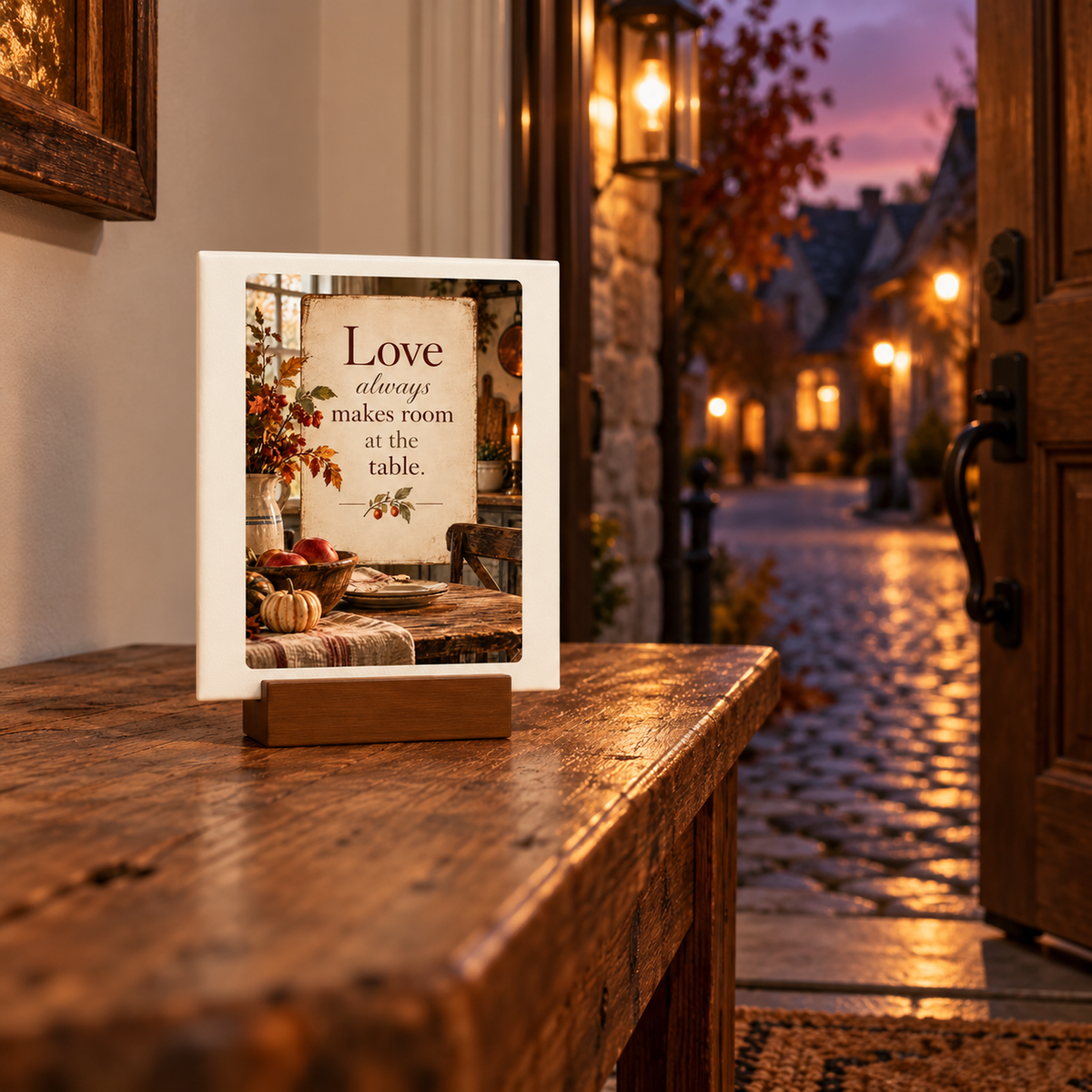 The Love Always Makes Room at the Table Mini Sign by Mirabilia Boutique sits on a rustic wooden table, featuring a cozy autumn kitchen motif with warmly lit houses glowing through an open door at sunset.
