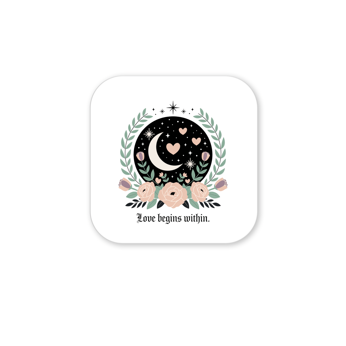 The Love Begins Within Magnet by Mirabilia Boutique features a crescent moon, stars, and hearts on black with laurel branches and pink flowers, plus the phrase "Love begins within"—a perfect celestial floral self-love gift.