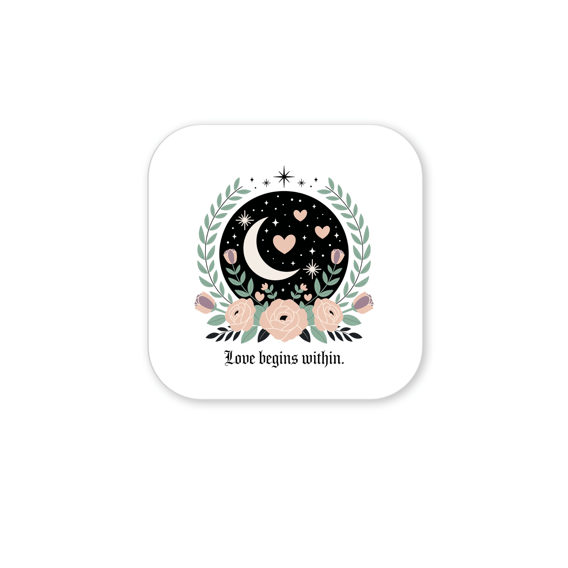 The Love Begins Within Magnet by Mirabilia Boutique features a crescent moon, stars, and hearts on black with laurel branches and pink flowers, plus the phrase "Love begins within"—a perfect celestial floral self-love gift.