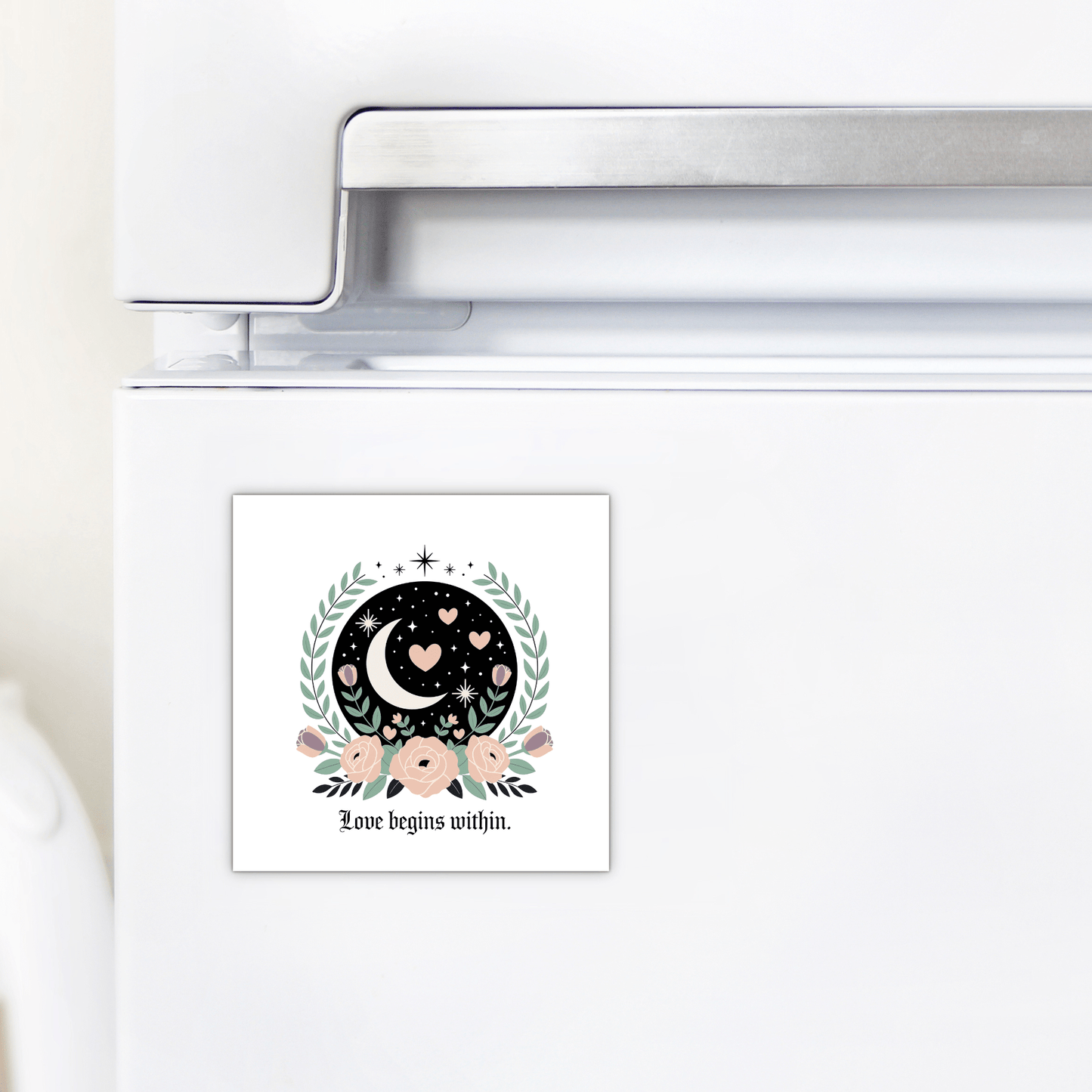 The Mirabilia Boutique Love Begins Within Magnet is a square celestial floral fridge magnet with a moon, stars, hearts, flowers, and the message "Love begins within"—a thoughtful self-love and mindfulness gift for any space.