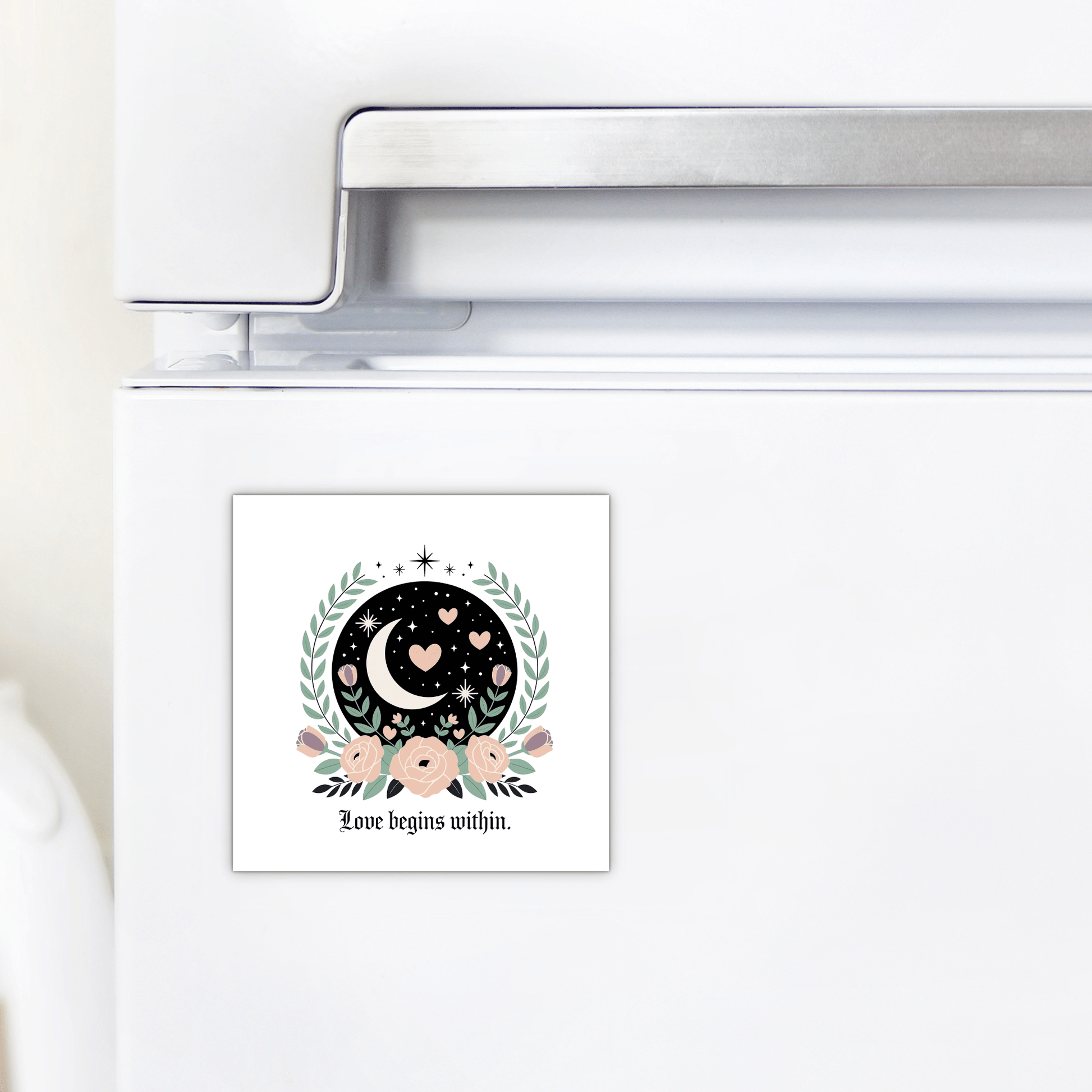 The Mirabilia Boutique Love Begins Within Magnet is a square celestial floral fridge magnet with a moon, stars, hearts, flowers, and the message "Love begins within"—a thoughtful self-love and mindfulness gift for any space.