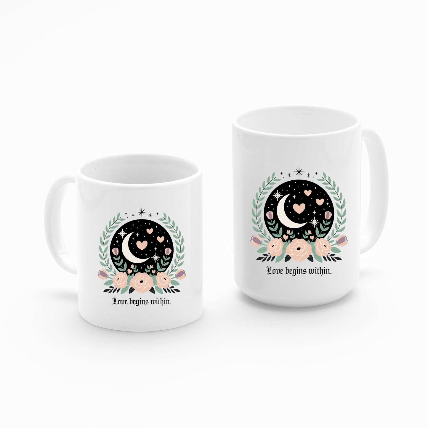 The Love Begins Within Mug by Mirabilia Boutique features a white base, moon and floral design, and “Love begins within” text—making it a perfect mindful self-love gift for any occasion.