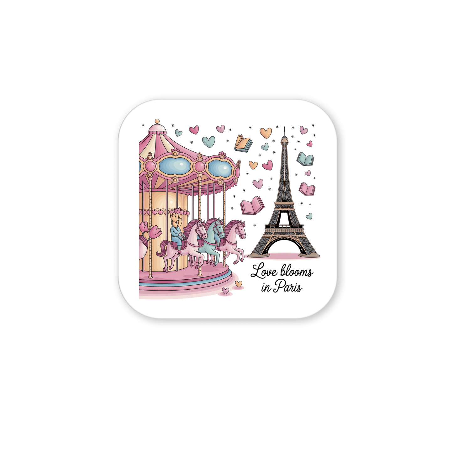 The Mirabilia Boutique "Love Blooms in Paris Magnet – Whimsy & Romance" features a pink and blue carousel, Eiffel Tower, hearts, and flowers with "Love blooms in Paris" below—ideal for Parisian decor or as an Eiffel Tower magnet.