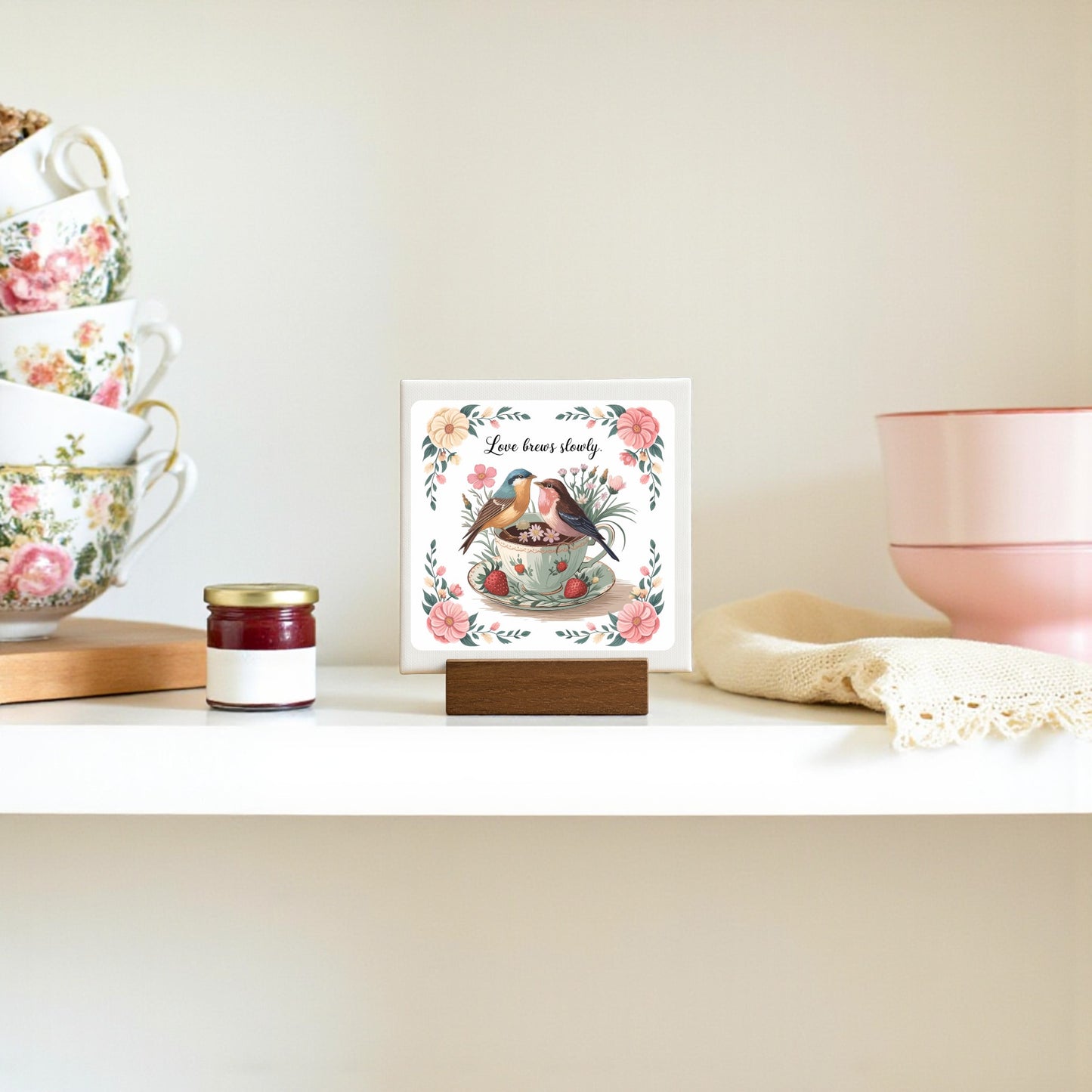Add a touch of cottagecore charm with Mirabilia Boutique’s "Love Brews Slowly Mini Canvas" (4x4) featuring teacups, birds, and florals—a romantic gift or sweet decor accent.