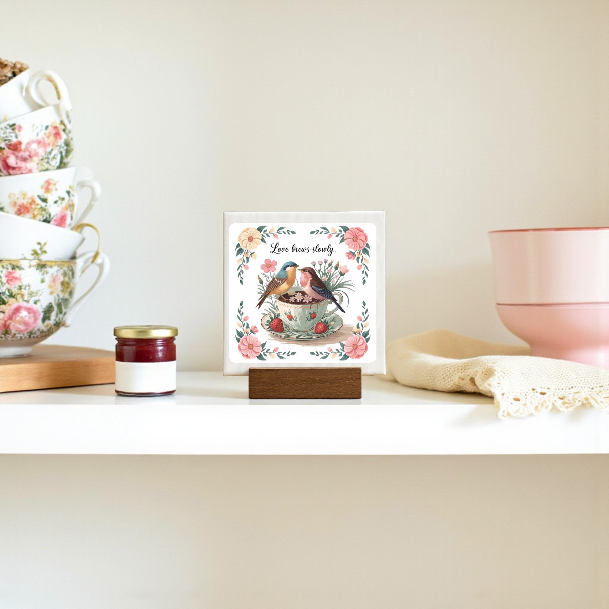 Add a touch of cottagecore charm with Mirabilia Boutique’s "Love Brews Slowly Mini Canvas" (4x4) featuring teacups, birds, and florals—a romantic gift or sweet decor accent.