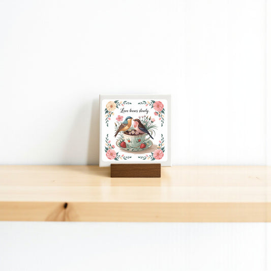 The Love Brews Slowly Mini Canvas by Mirabilia Boutique features two birds in a floral teacup with "Love lives here." Displayed on a wooden stand, this 4x4 romantic art is perfect cottagecore decor for a cozy touch.