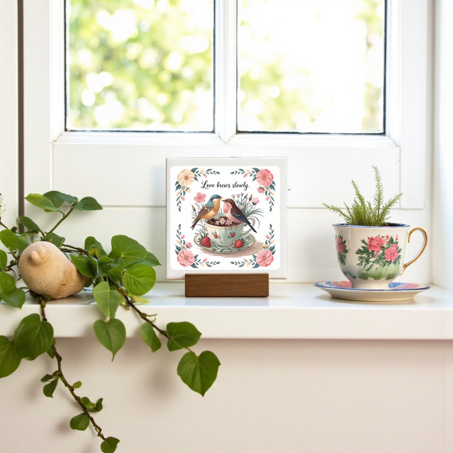The "Love Brews Slowly Mini Canvas | Romantic Teacup Bird Art 4x4" by Mirabilia Boutique rests on a windowsill near a floral teacup and potted plant—charming cottagecore decor basking in sunlight.