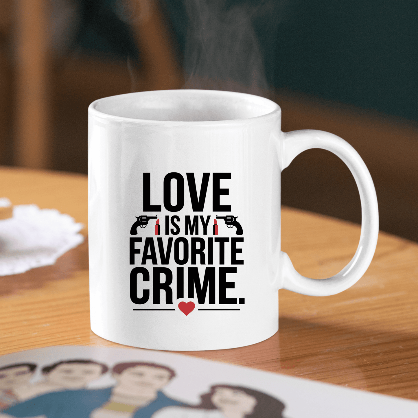 The Mirabilia Boutique "Love Is My Favorite Crime" mug features gun, lipstick, and heart icons with the quote on a white ceramic design—perfect for true crime fans or as a unique Valentine’s Day gift.