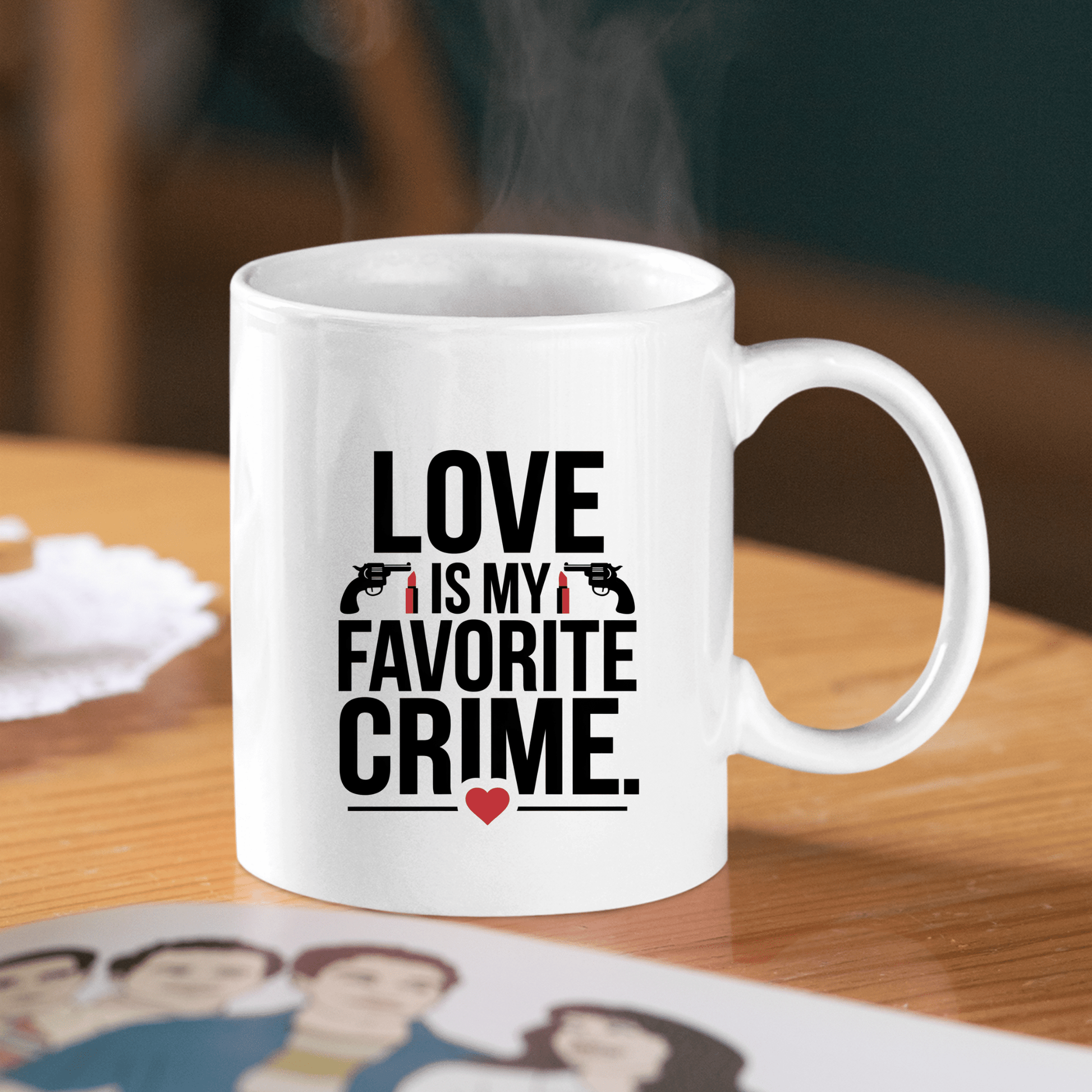 The Mirabilia Boutique "Love Is My Favorite Crime" mug features gun, lipstick, and heart icons with the quote on a white ceramic design—perfect for true crime fans or as a unique Valentine’s Day gift.
