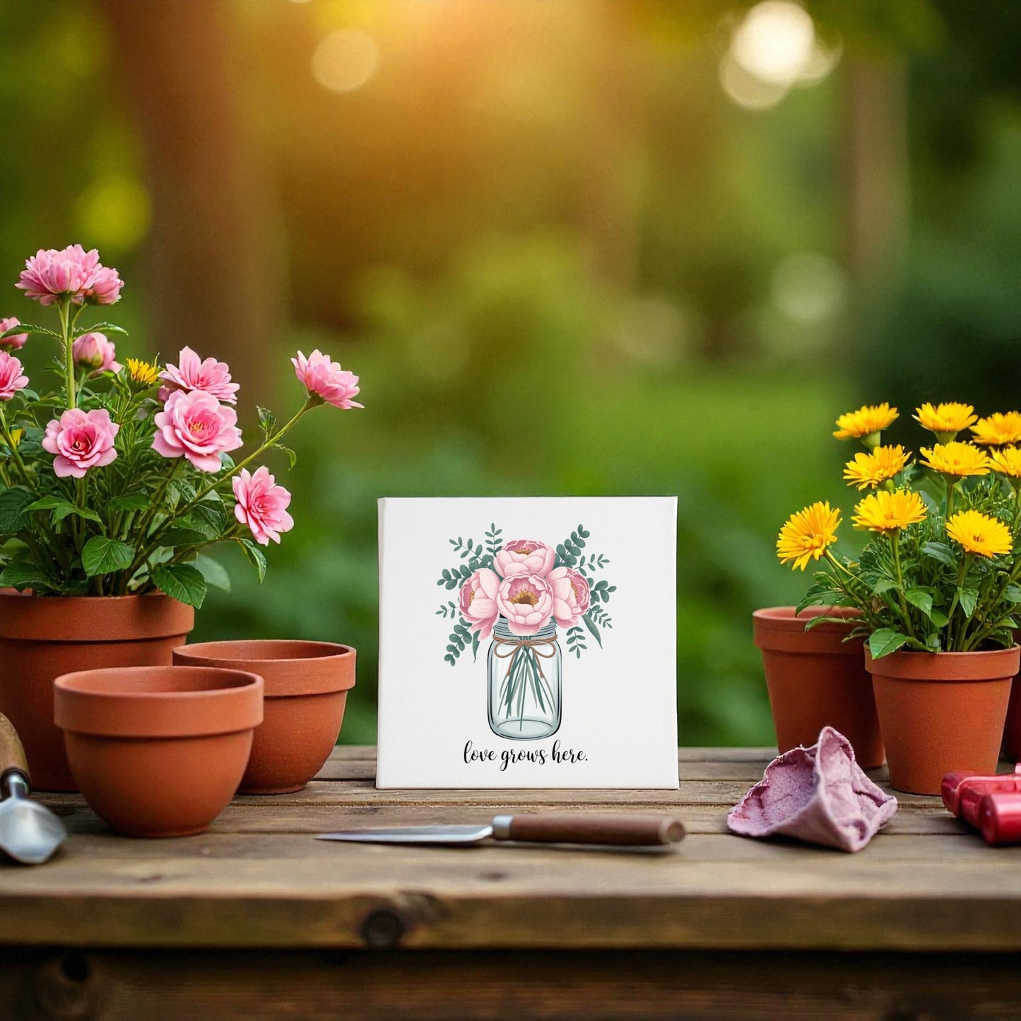 The Love Grows Here Floral Canvas Wall Art by Mirabilia Boutique is displayed outdoors on a wooden table surrounded by potted pink and yellow flowers, gardening tools, and empty pots for a charming garden vibe.