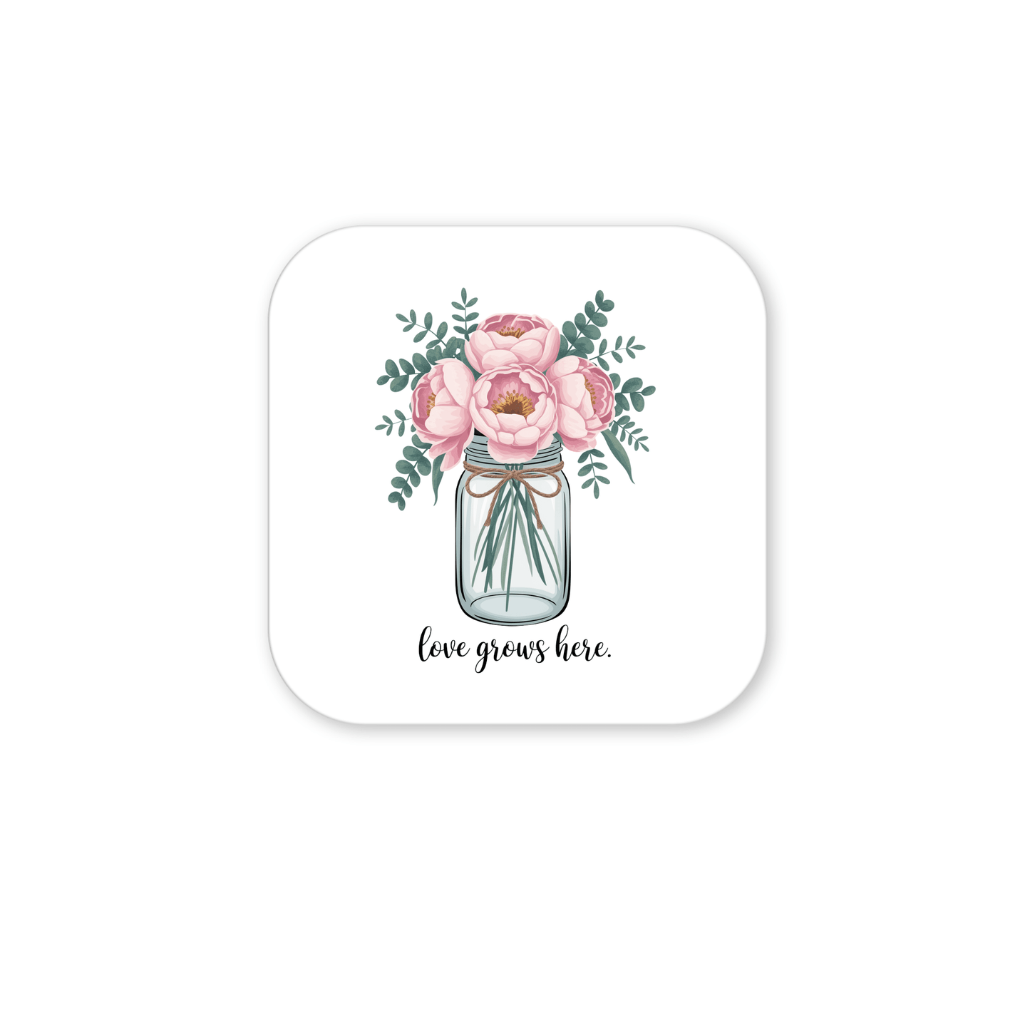 The Love Grows Here Floral Magnet by Mirabilia Boutique features pink flowers in a glass jar with a bow on a white background and the text “love grows here.” A charming accent for farmhouse decor or your fridge.