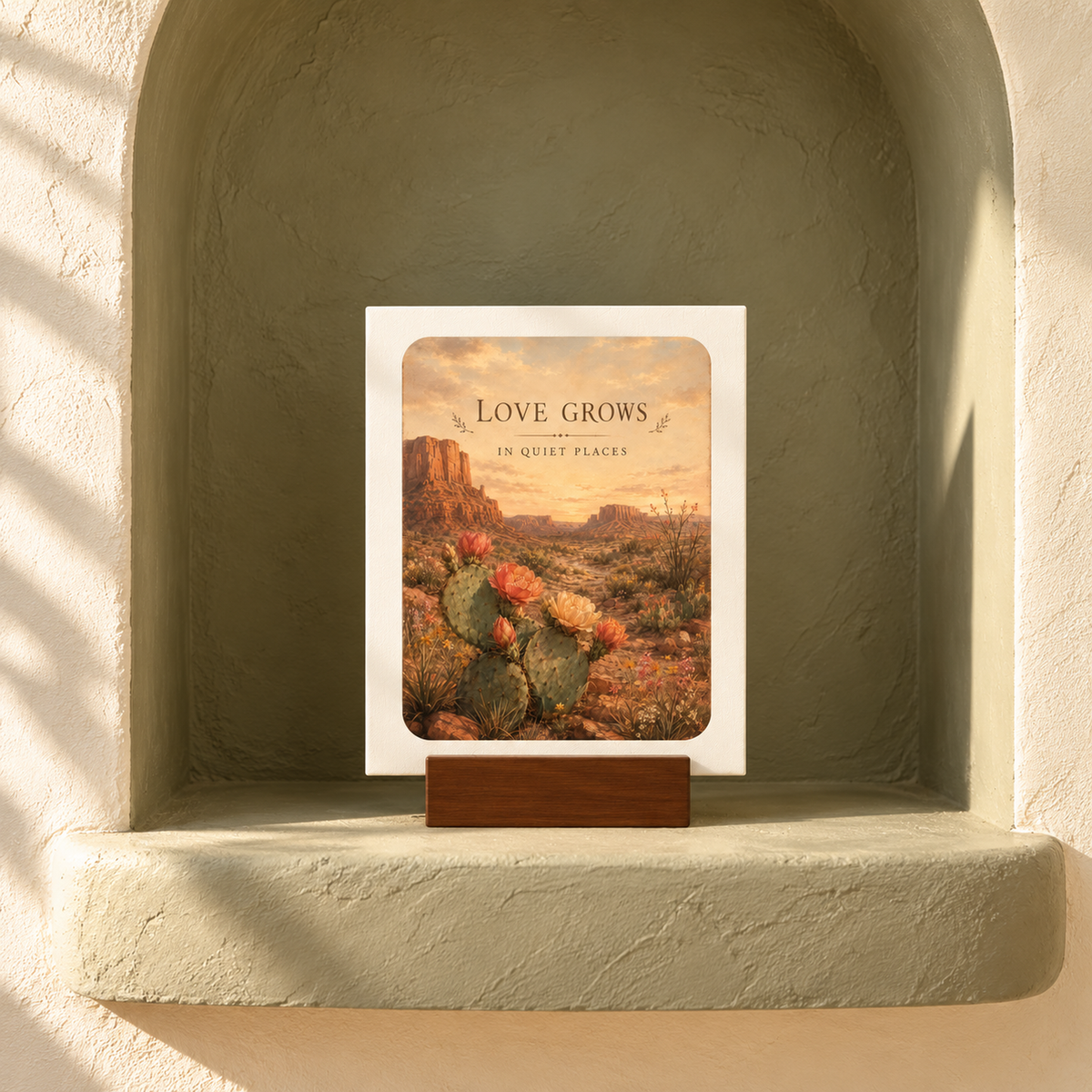 The Love Grows in Quiet Places Mini Canvas Sign | Sage & Stone by Mirabilia Boutique features cacti and desert hills, displayed upright on a wood base in a softly lit alcove with textured green walls.