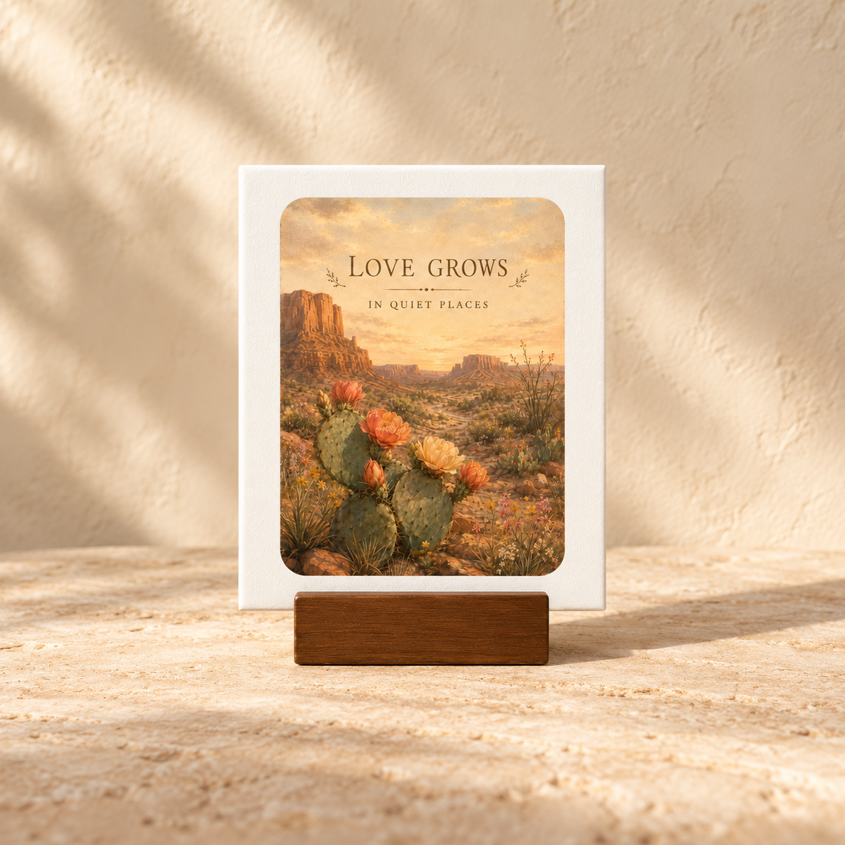 The Love Grows in Quiet Places Mini Canvas Sign | Sage & Stone by Mirabilia Boutique features a desert landscape with cacti and flowers on a wood base, casting soft shadows on a textured beige wall.