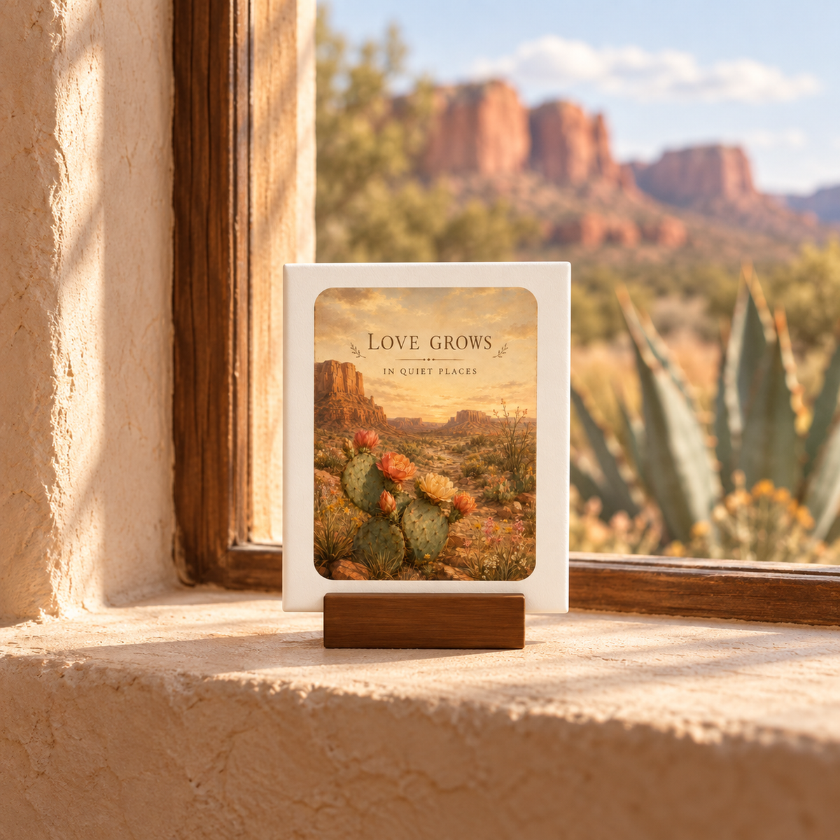 The Love Grows in Quiet Places Mini Canvas Sign | Sage & Stone by Mirabilia Boutique, featuring a cactus design, sits on a wood base by the window amid desert art and sunlight.