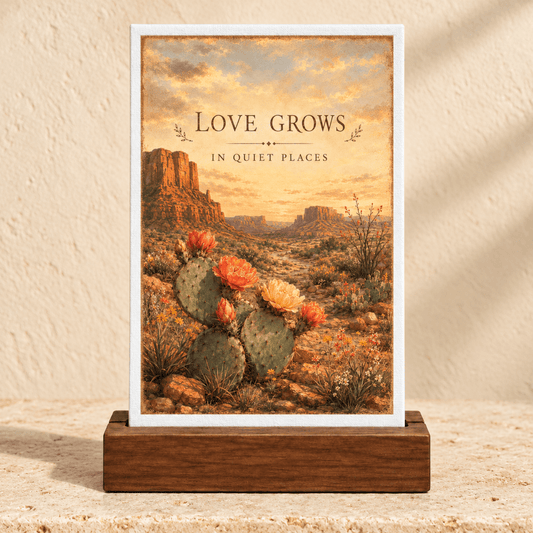 Love Grows in Quiet Places Mini Canvas Sign in a wooden stand, featuring a desert landscape with blooming cacti and the text “Love grows in quiet places.”