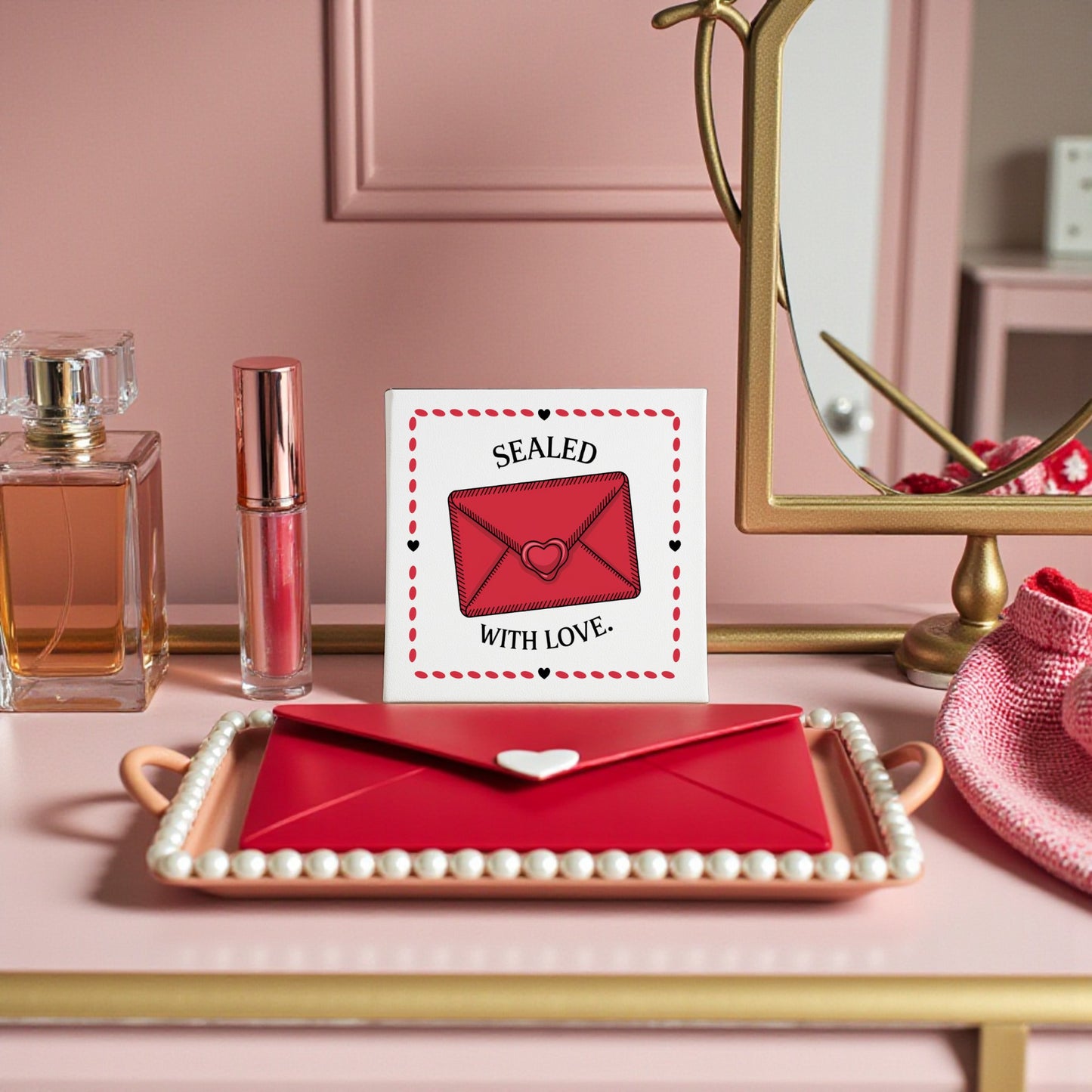 The Sealed With Love Valentine Canvas Art by Mirabilia Boutique features a vanity with perfume, lip gloss, a pink hair accessory, and a heart-sealed red envelope—ideal for Valentine’s Day decor or vintage romance wall art.