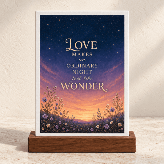 Love Makes Wonder Romantic Mini Sign featuring a sunset and starry night sky with wildflowers and the text, “Love makes an ordinary night feel like wonder.”