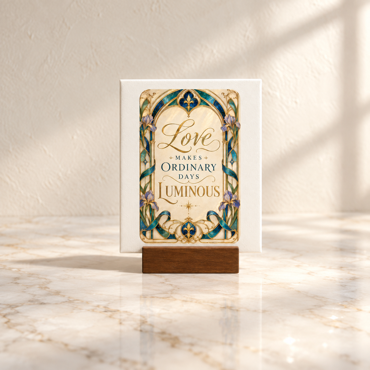 The “Love Makes Ordinary Days Luminous Mini Sign” from Mirabilia Boutique’s Gilded Reverie collection features elegant Art Nouveau-inspired floral borders and is displayed on a wooden stand. The illuminated sign, resting atop a marble surface, catches soft sunlight while gentle shadows dance in the background.