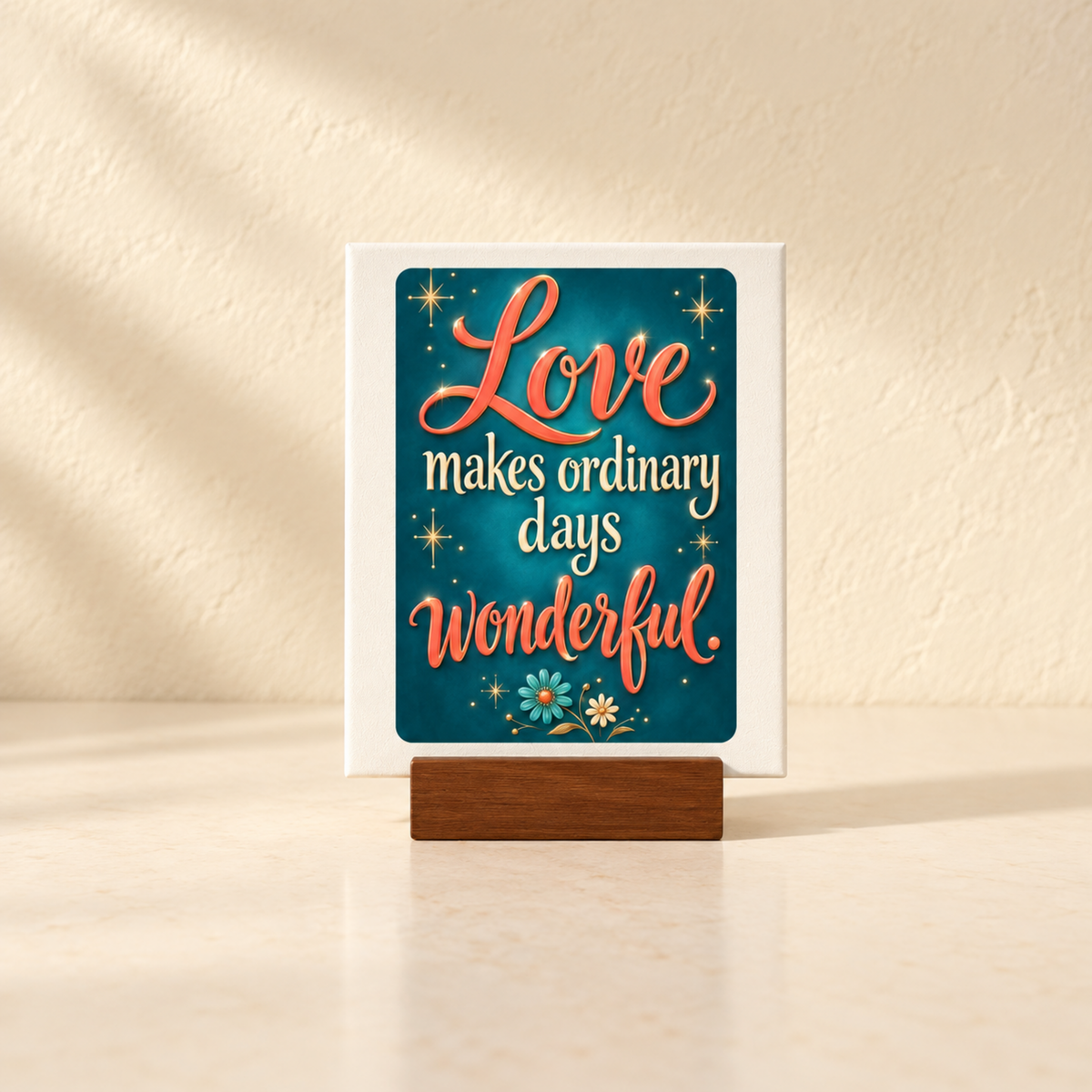 Love Makes Ordinary Days Wonderful Mini Canvas Sign on a wooden stand, featuring stylized lettering, stars, and flowers on a blue background as inspirational desk decor from Mirabilia Boutique.