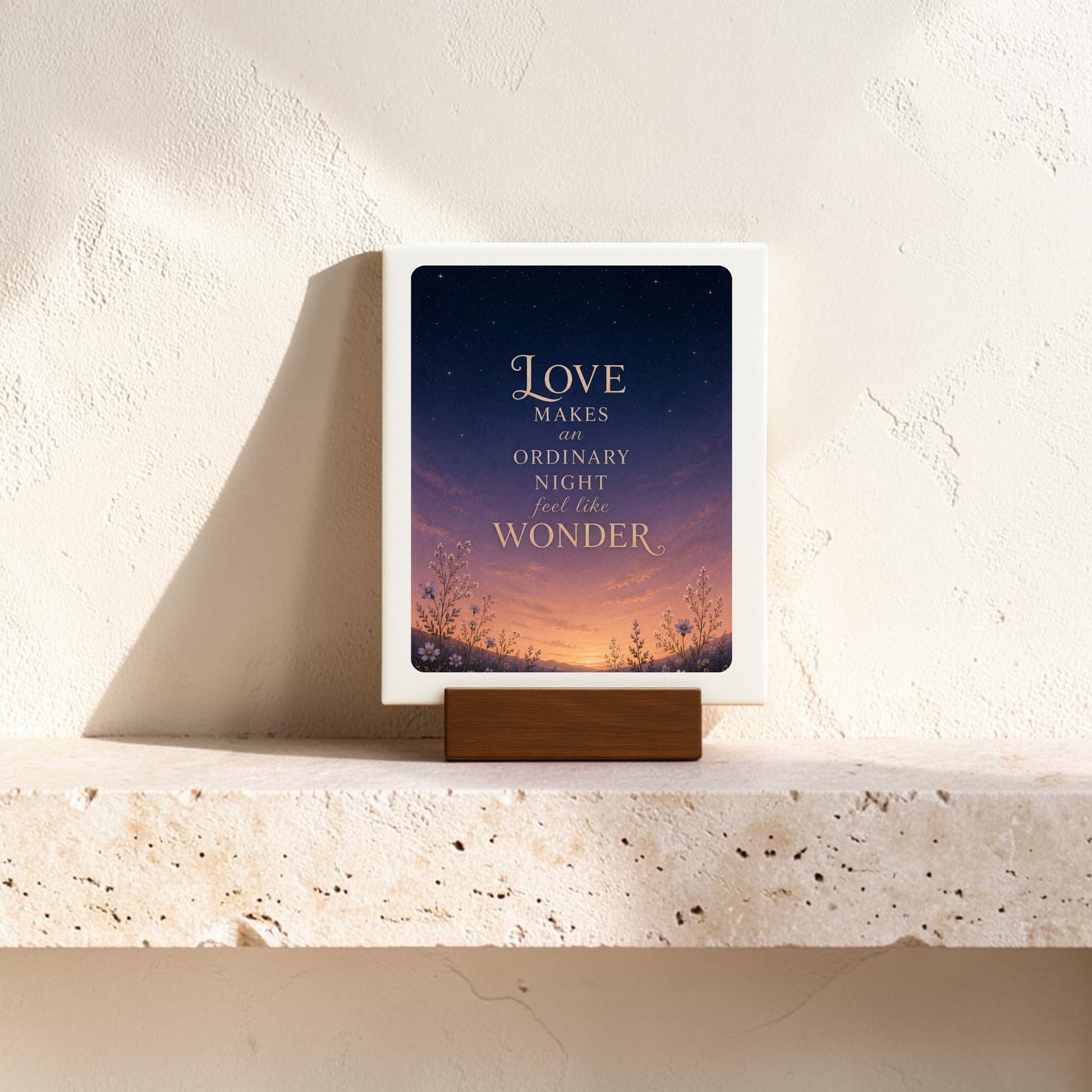 The Love Makes Wonder Romantic Mini Sign | Celestial Decor from Mirabilia Boutique is showcased on a stone shelf against a pale wall. This charming piece from the Star & Solstice Collection features a framed quote on a wooden stand that reads, “Love makes an ordinary night feel like wonder,” set against a starry dusk sky with graceful plant silhouettes. It’s the perfect decorative sign to infuse your space with warmth and inspiration.