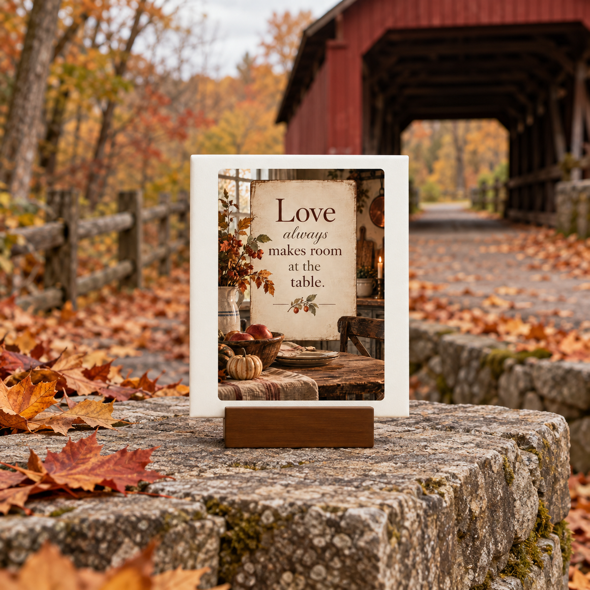 The Mirabilia Boutique Love Always Makes Room at the Table Mini Sign, with a white farmhouse frame, rests on autumn leaves atop a stone wall, backed by a rustic red covered bridge.
