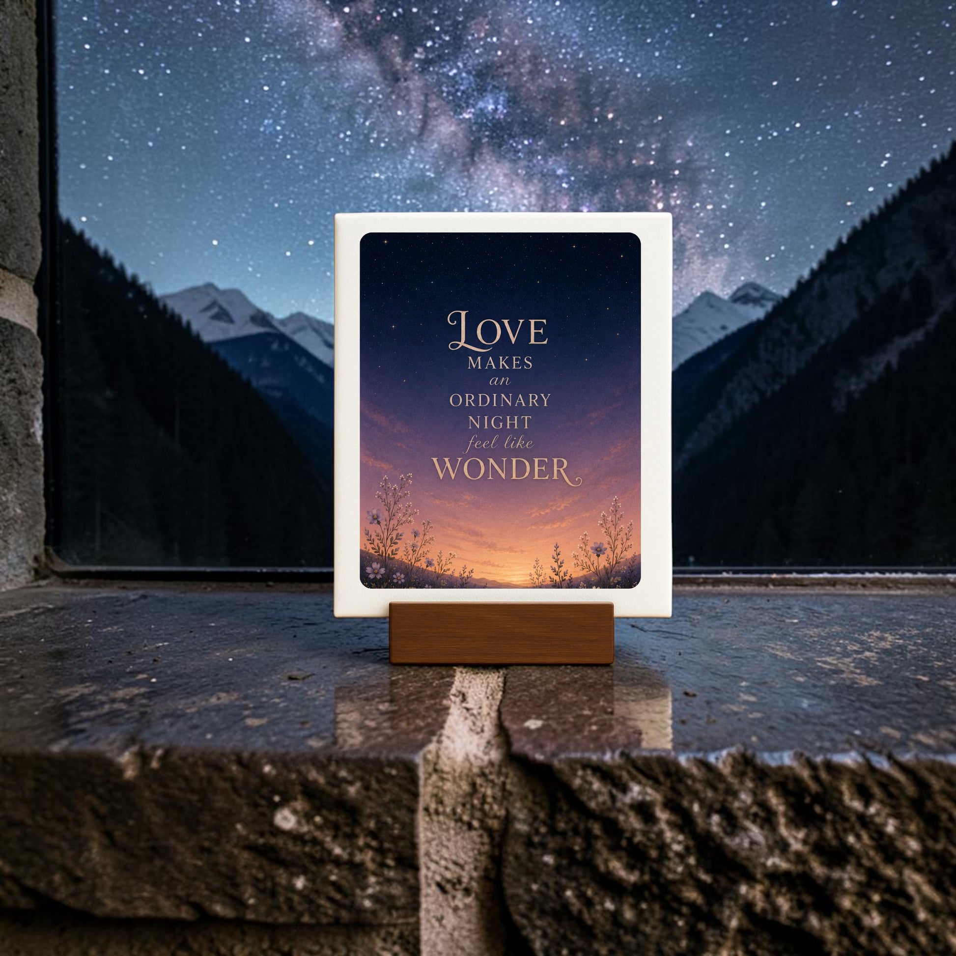 A framed decorative sign from Mirabilia Boutique’s Love Makes Wonder Romantic Mini Sign | Celestial Decor, part of the Star & Solstice Collection, rests on a stone windowsill. It reads, “Love makes an ordinary night feel like wonder,” with a mountain and starry sky background visible through the window.